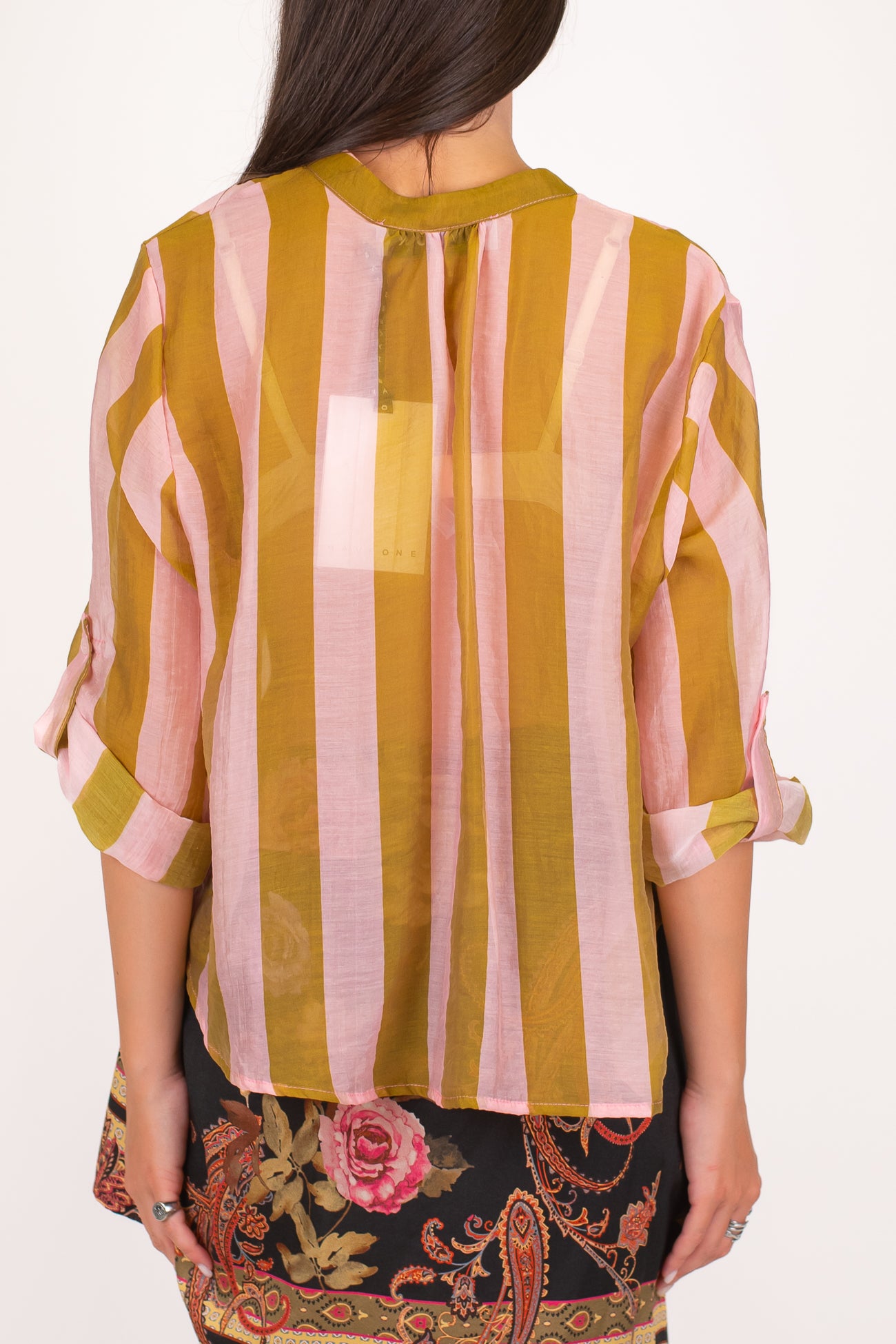 Haveone - Camicia fantasia a righe a contrasto in lyocell con manica tre quarti