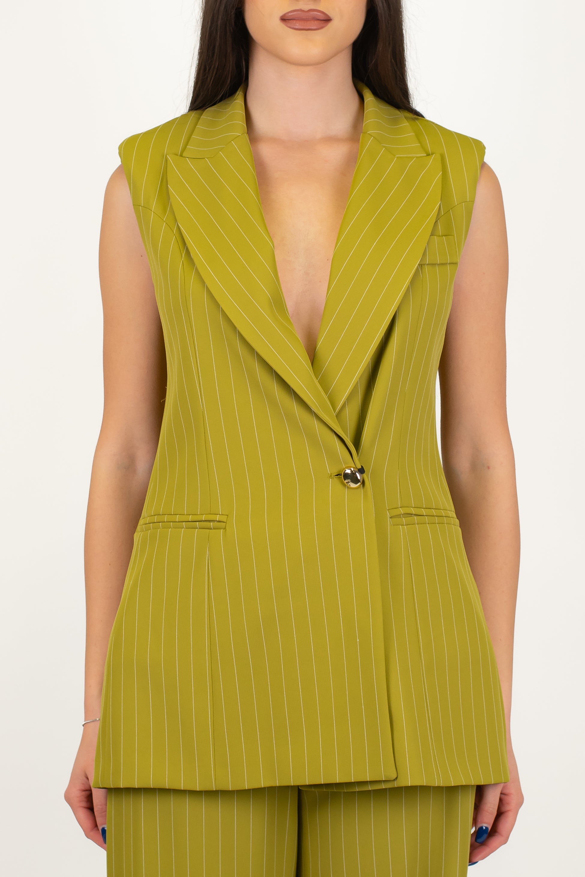 Maryley - Gilet lungo doppiopetto gessato con spalline