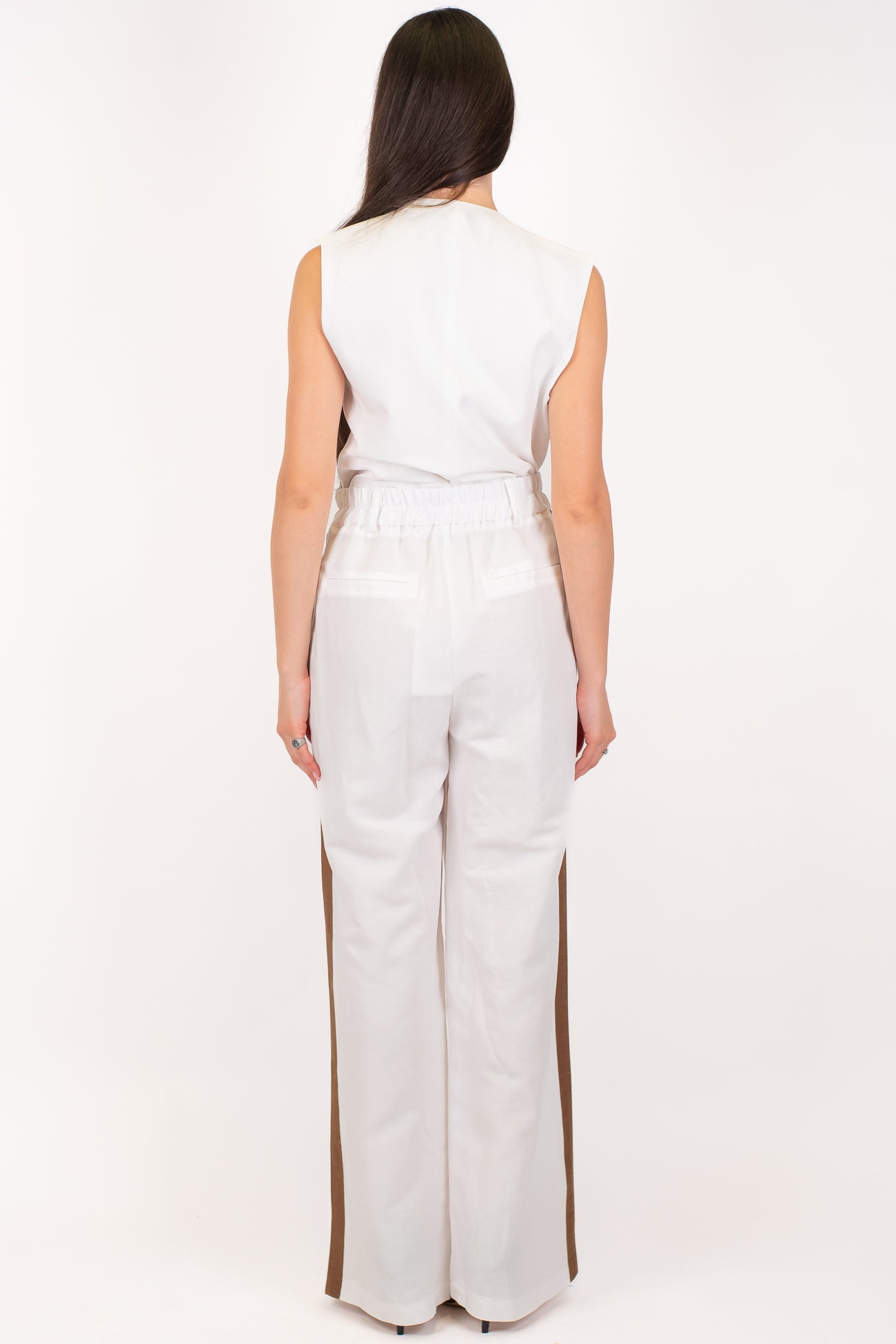 Motel - Coordinato gilet e pantalone palazzo in misto lino con elastico sul retro e banda laterale a contrasto
