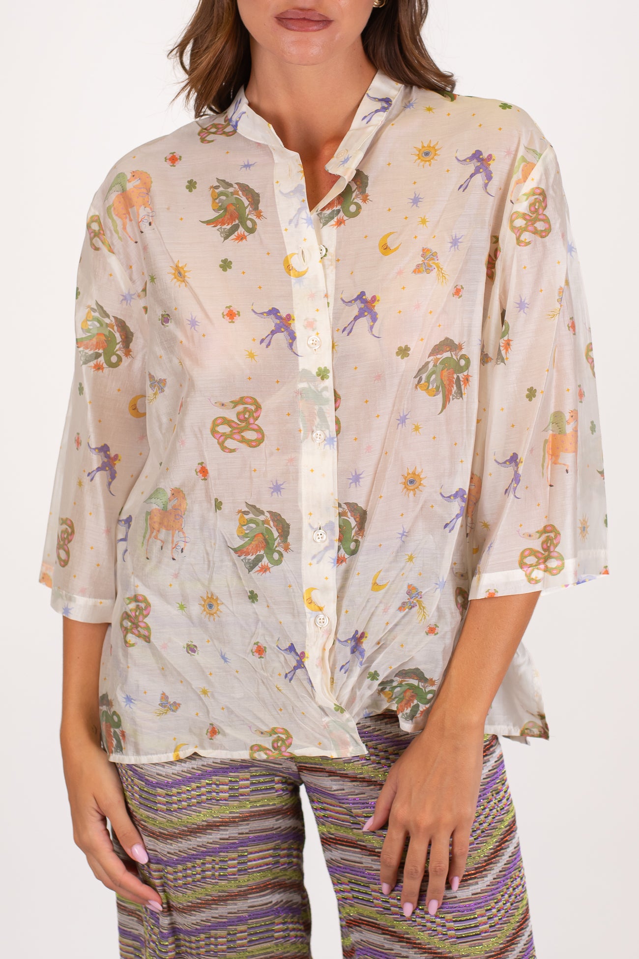 Dixie - Camicia fantasia animali in lyocell con manica tre quarti e collo coreano