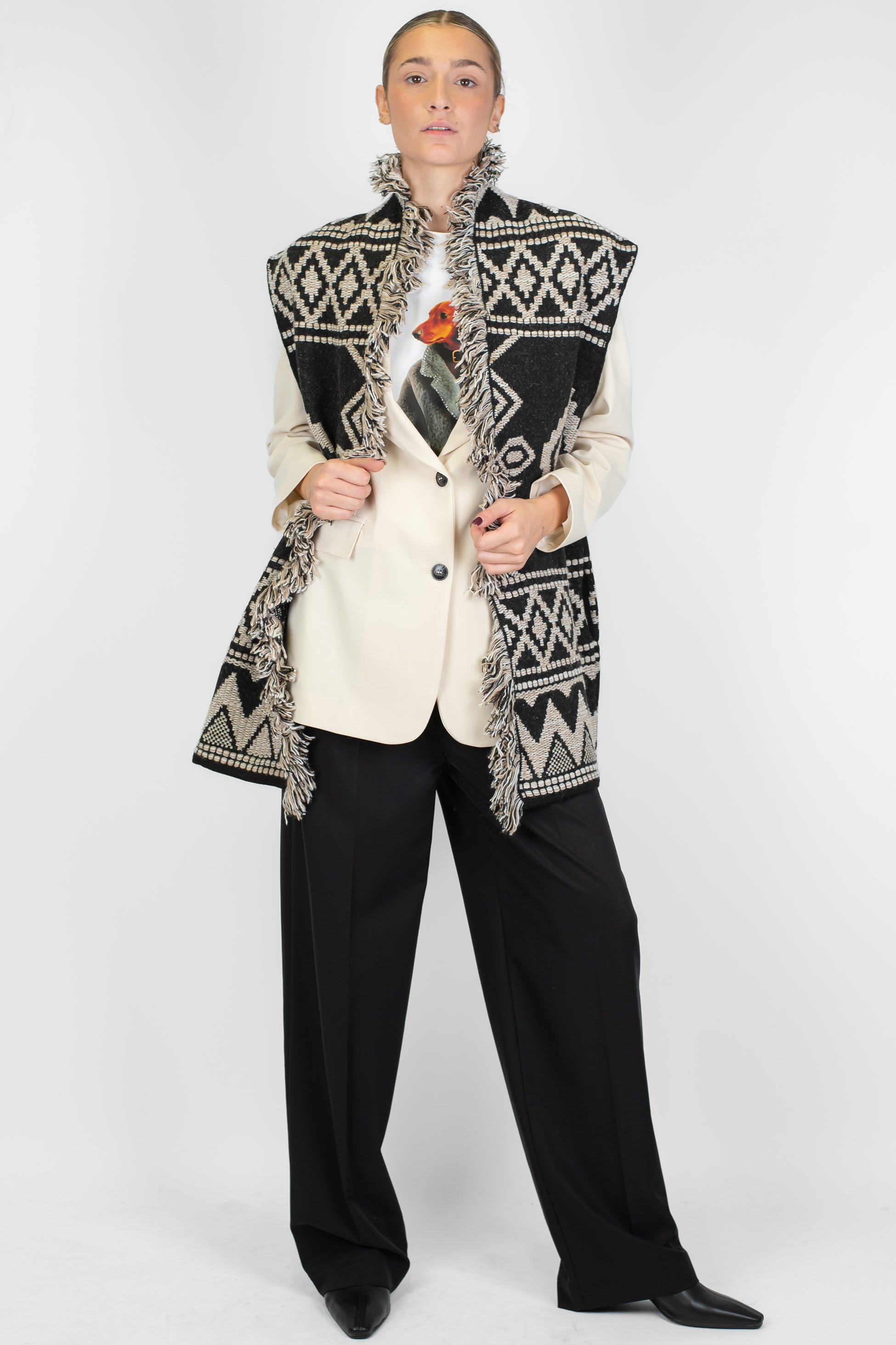 Motel - Gilet lungo aperto fantasia etnica in misto lana con frange