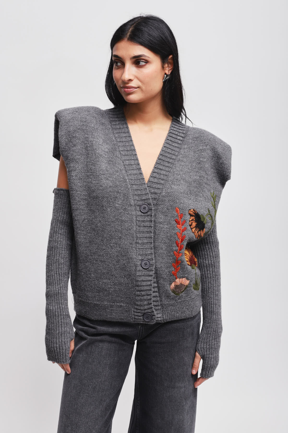 Maryley - Gilet over con spalline in misto lana con applicazioni e manicotti