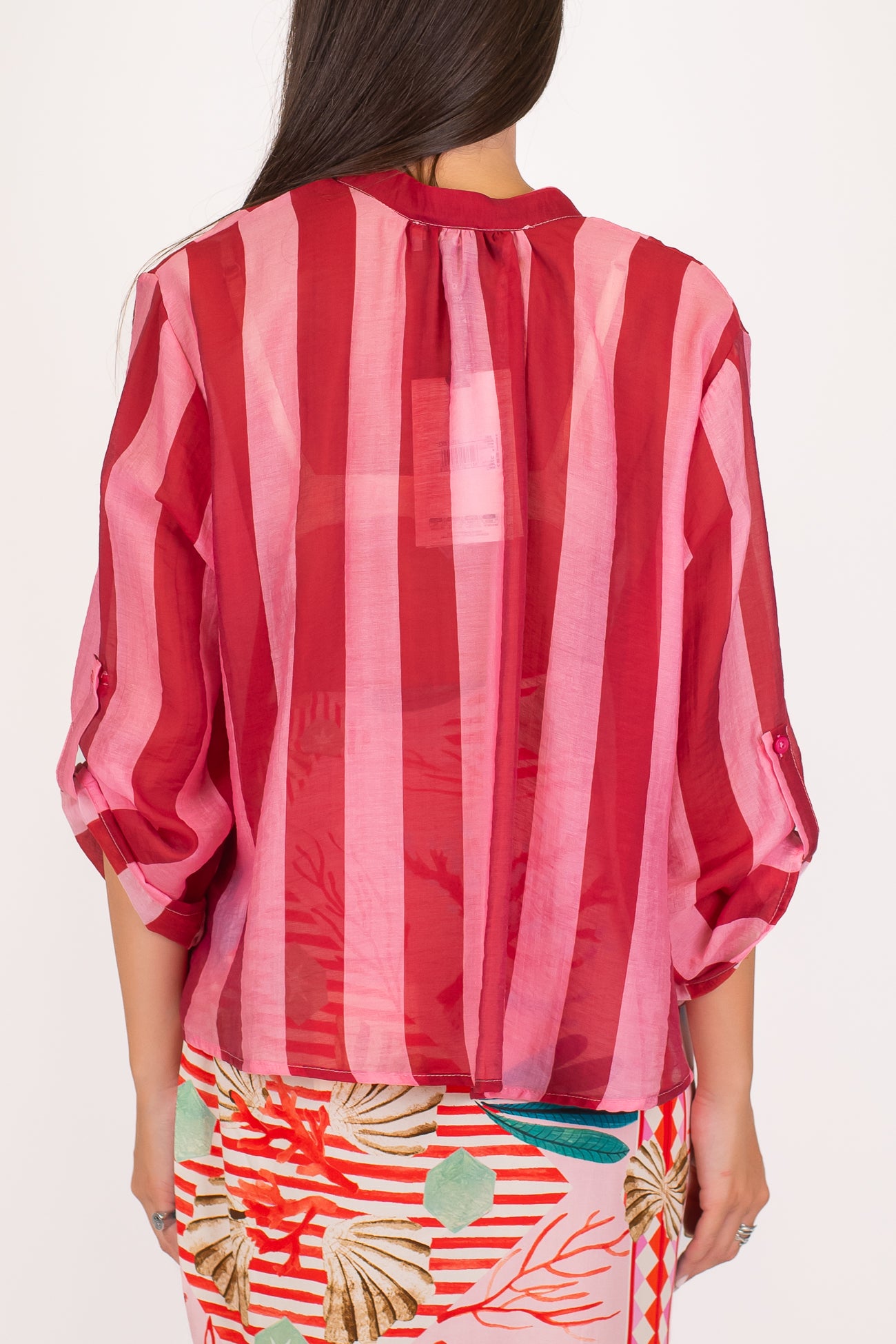 Haveone - Camicia fantasia a righe in lyocell con collo coreano