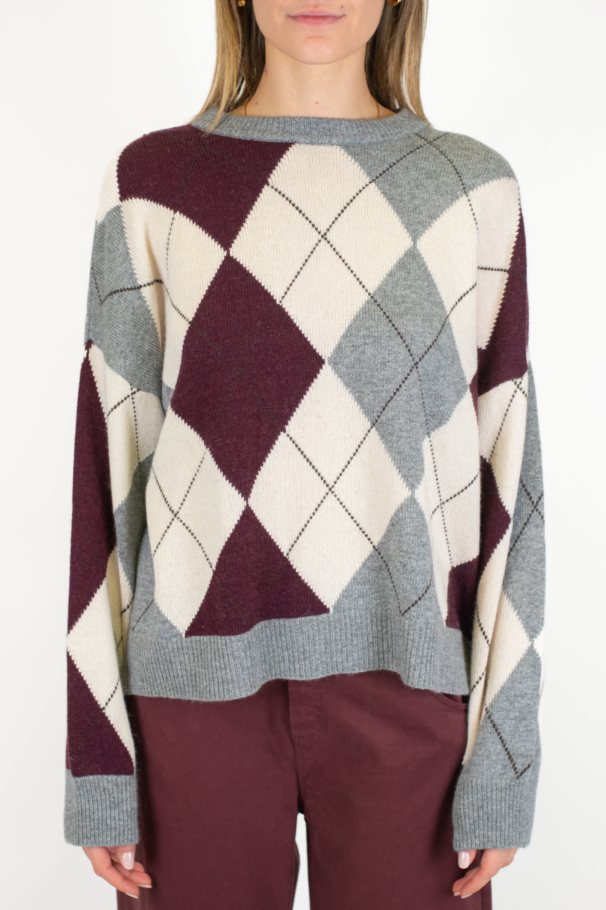 Tensione in - Maglia over fantasia rombi a contrasto in misto lana e cashmere