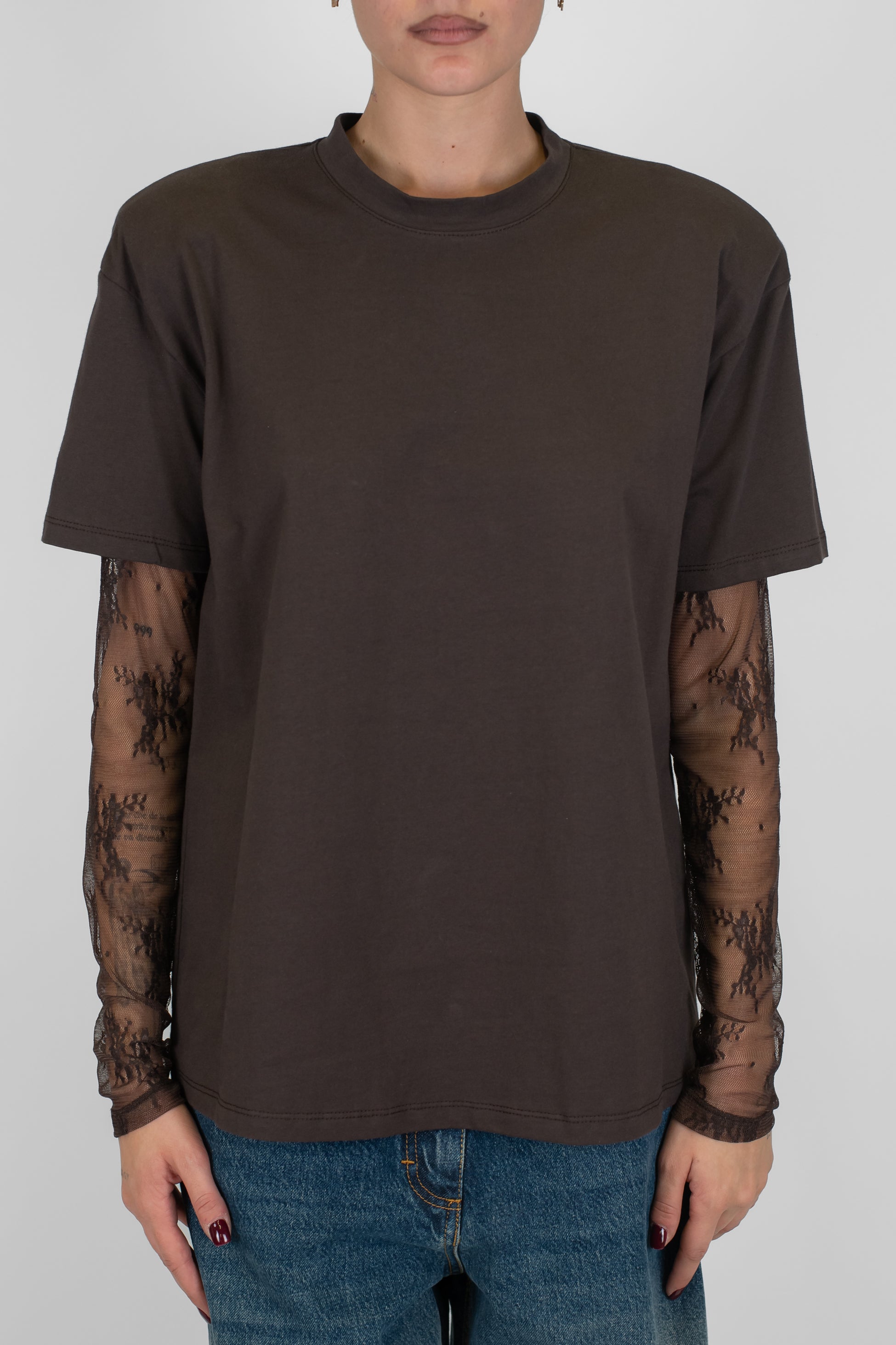 Dixie - T-shirt girocollo in cotone con spalline e maniche in pizzo