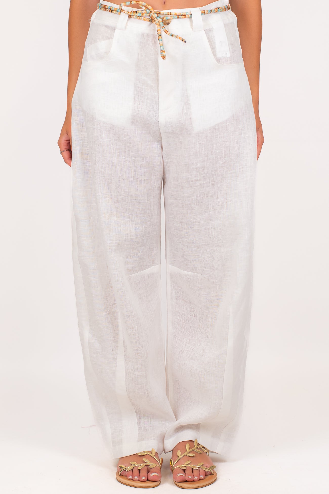 Maryely - Pantalone balloon in puro lino con cintura in corda
