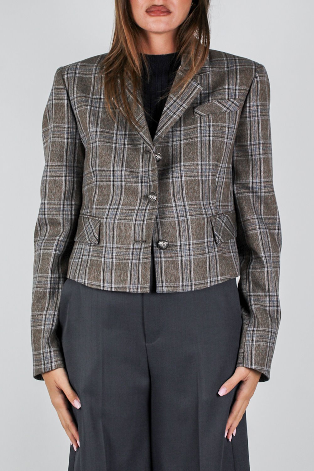 Haveone - Giacca crop fantasia check con spalline