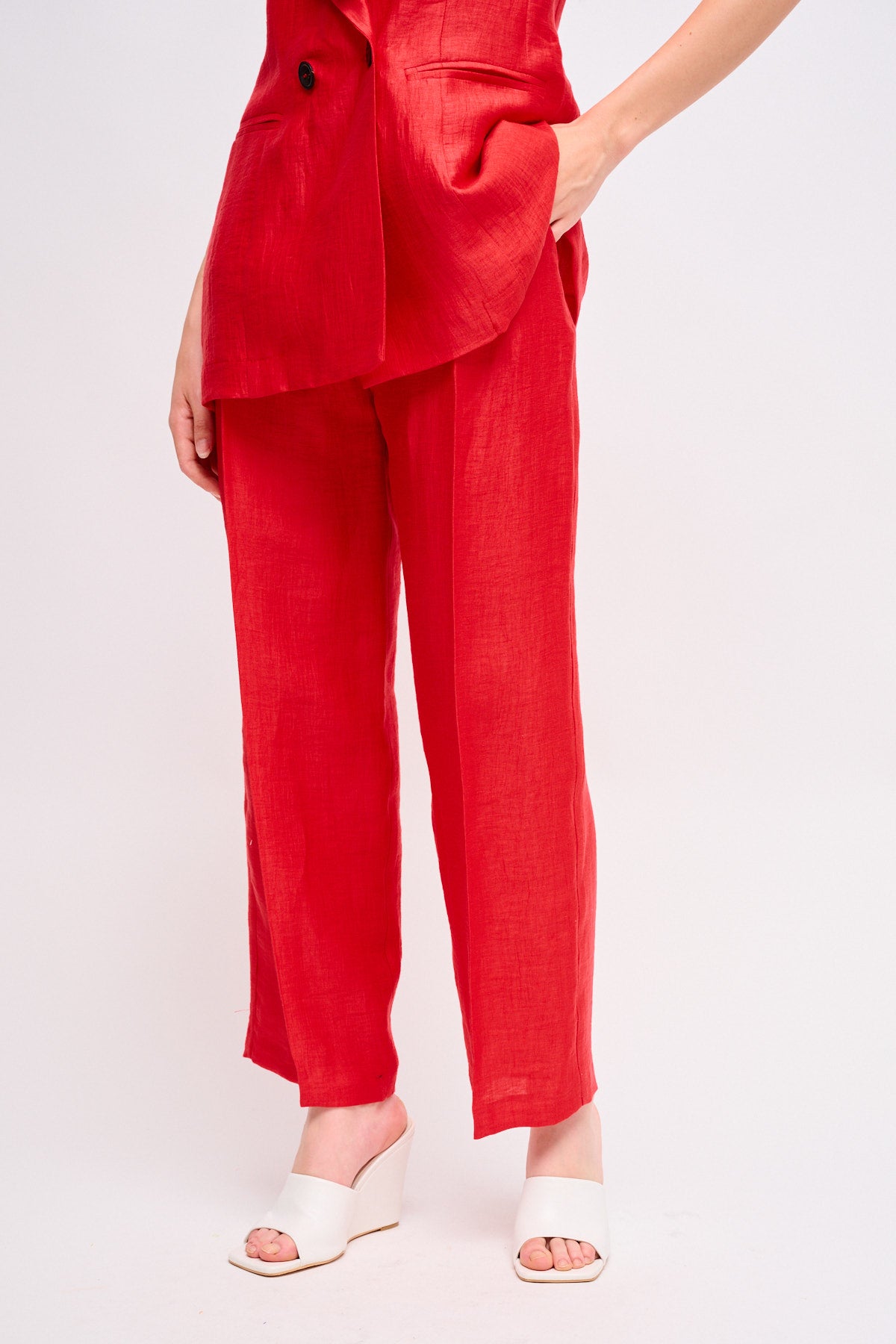 Maryley - Pantalone regular in misto lino con pinces e cintura in tessuto