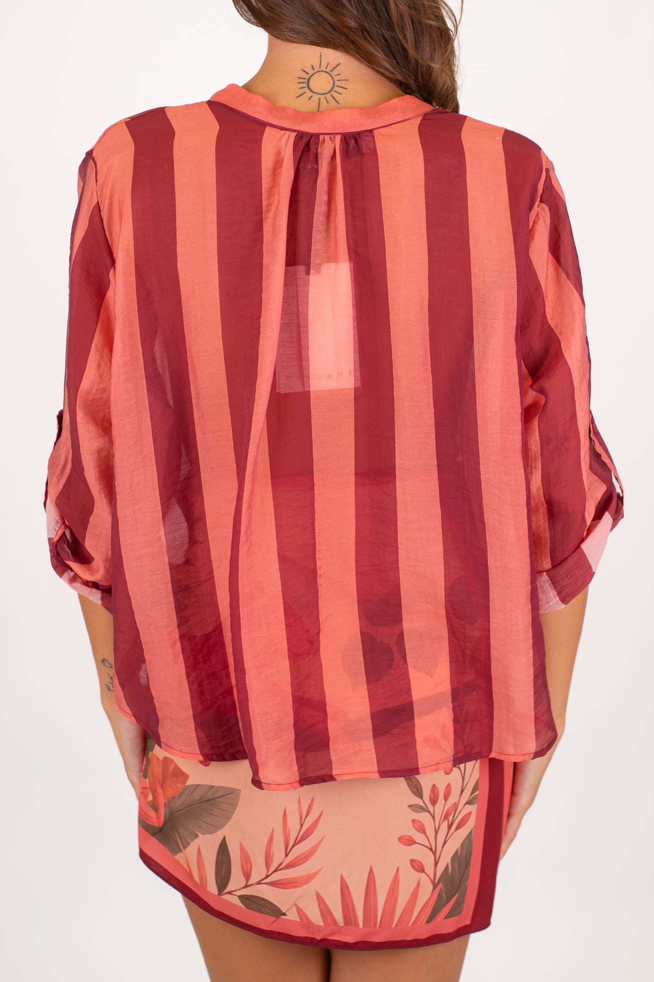 Haveone - Camicia fantasia a righe a contrasto in lyocell con manica tre quarti