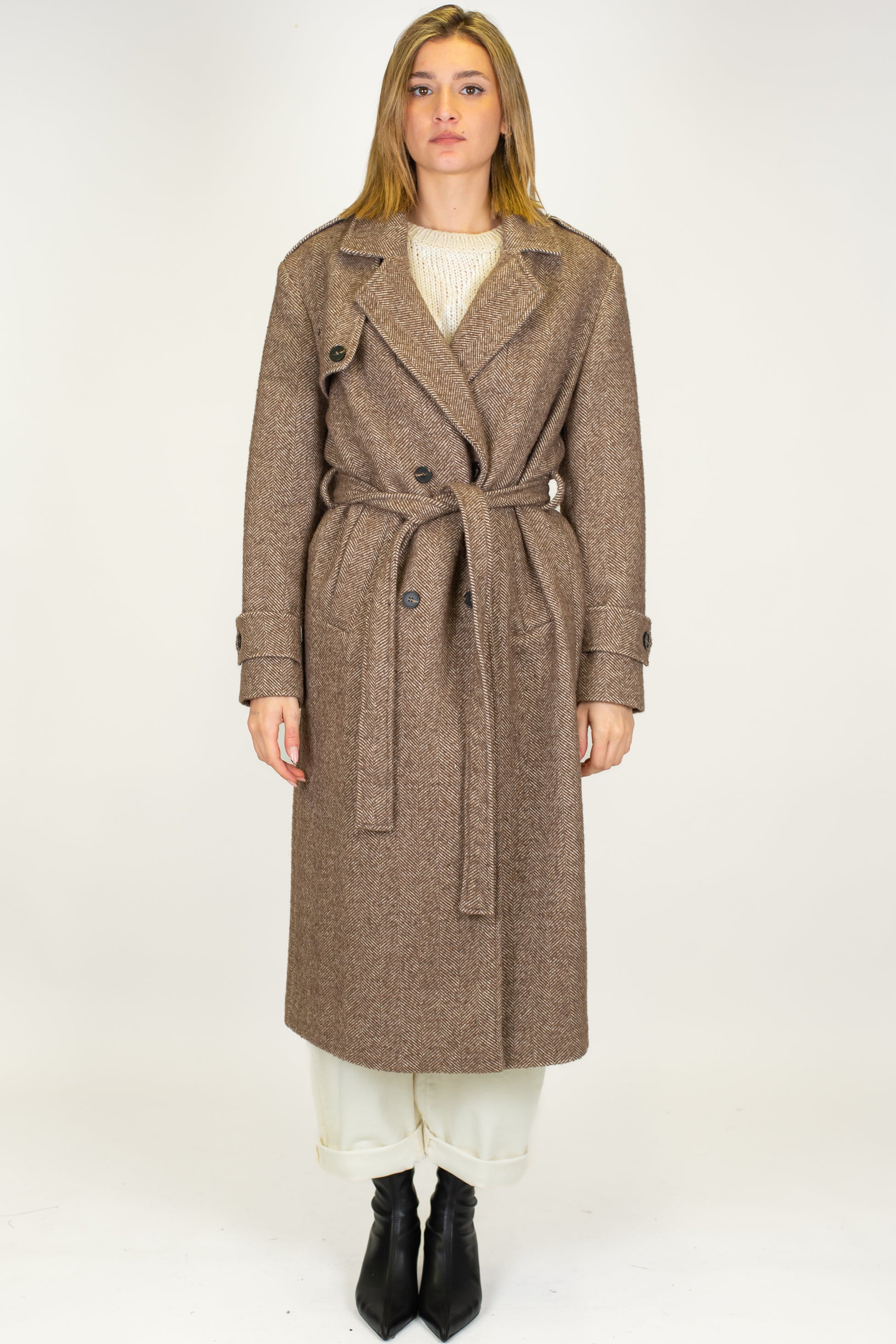 Tensione in - Cappotto lungo doppipetto fantasia spinata in misto lana con cintura in tessuto