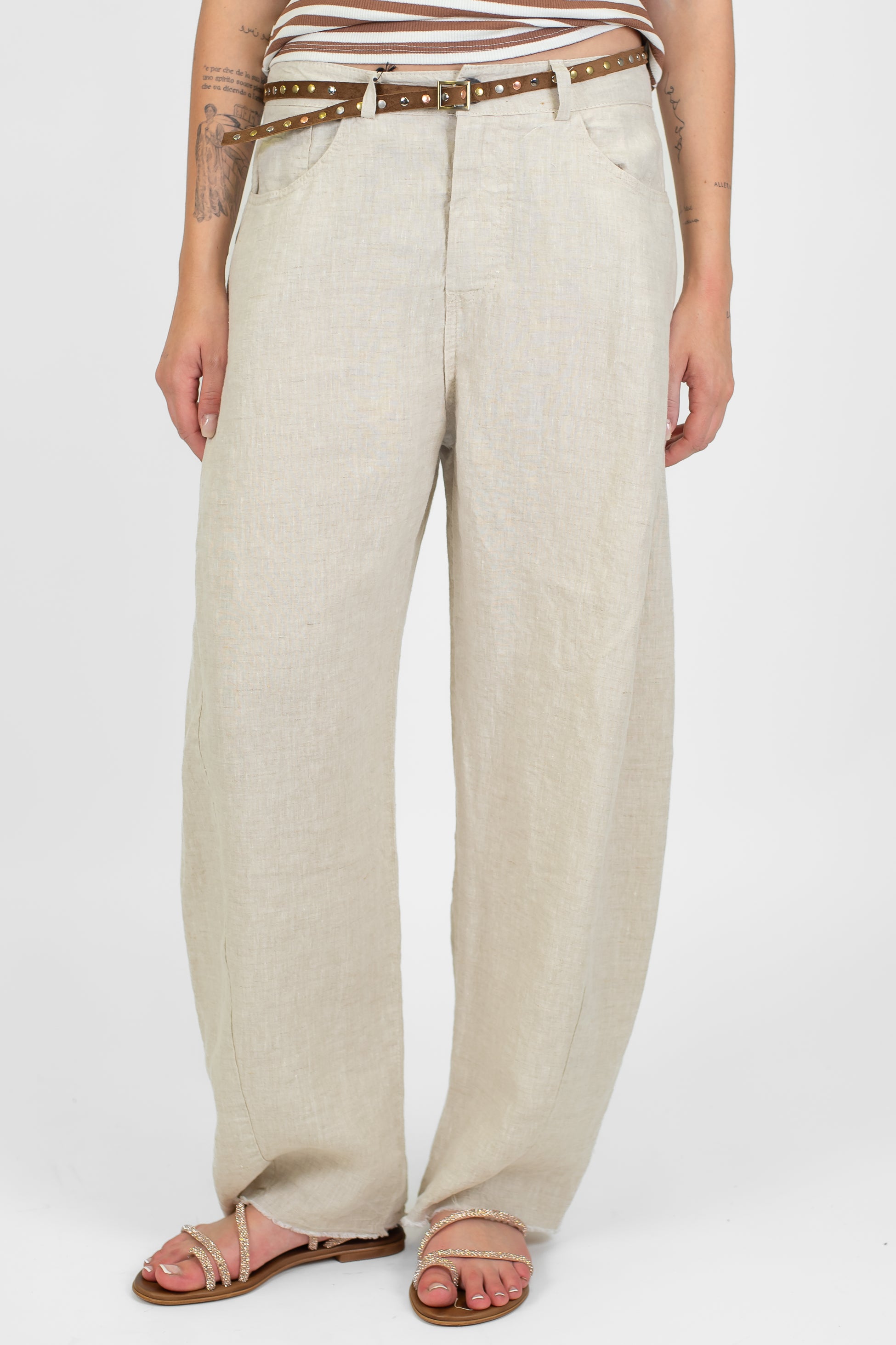 Tensione in - Pantalone balloon 100% lino sfrangiato sotto