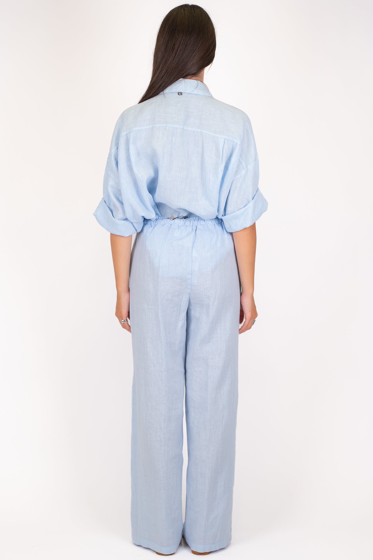 Dixie - Coordinato in puro lino camicia con taschino e pantalone palazzo con coulisse