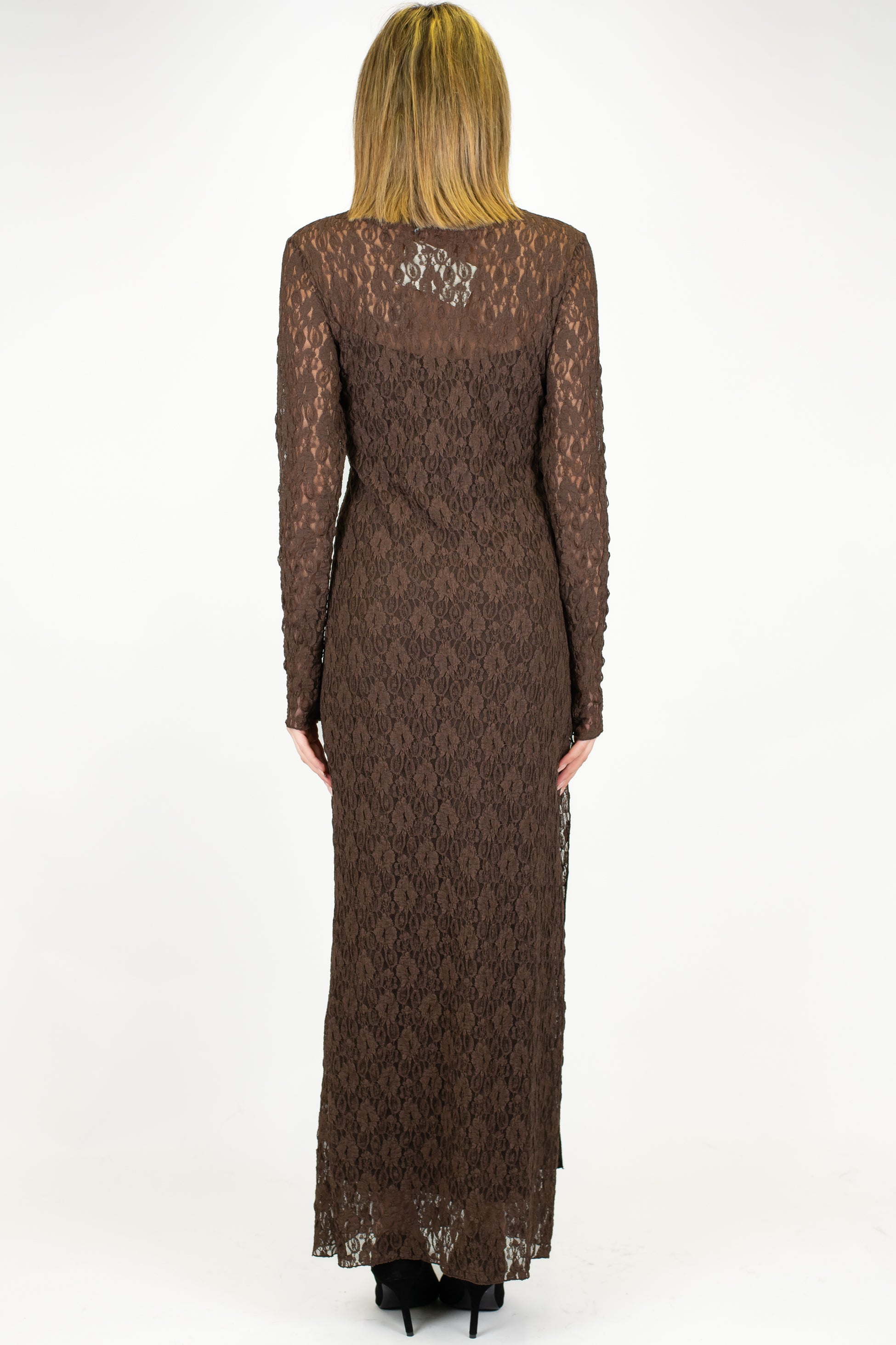 Dixie - Abito lungo fantasia floreale ricamata in pizzo con spacco laterale