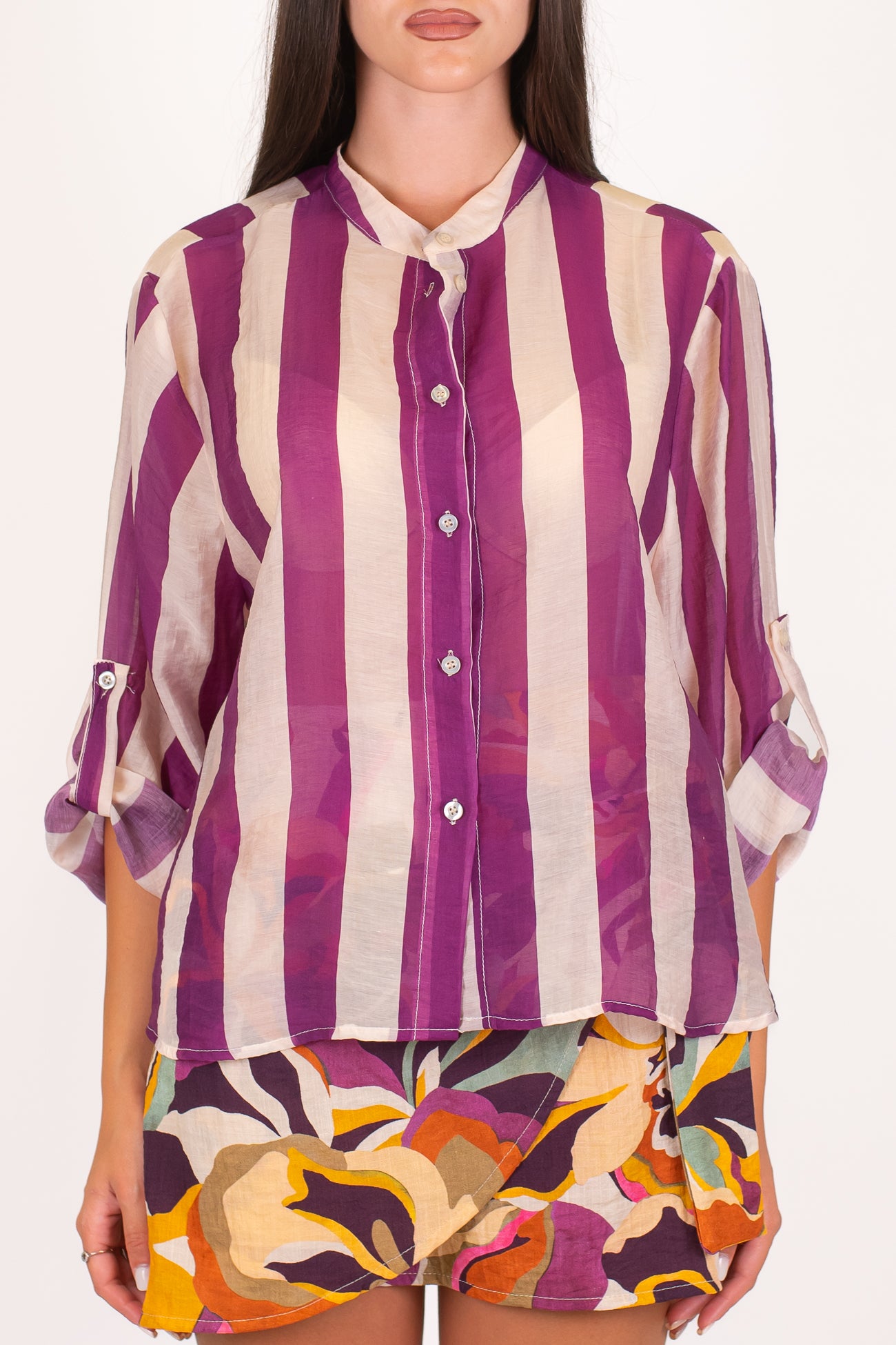 Haveone - Camicia fantasia a righe a contrasto in lyocell con manica tre quarti