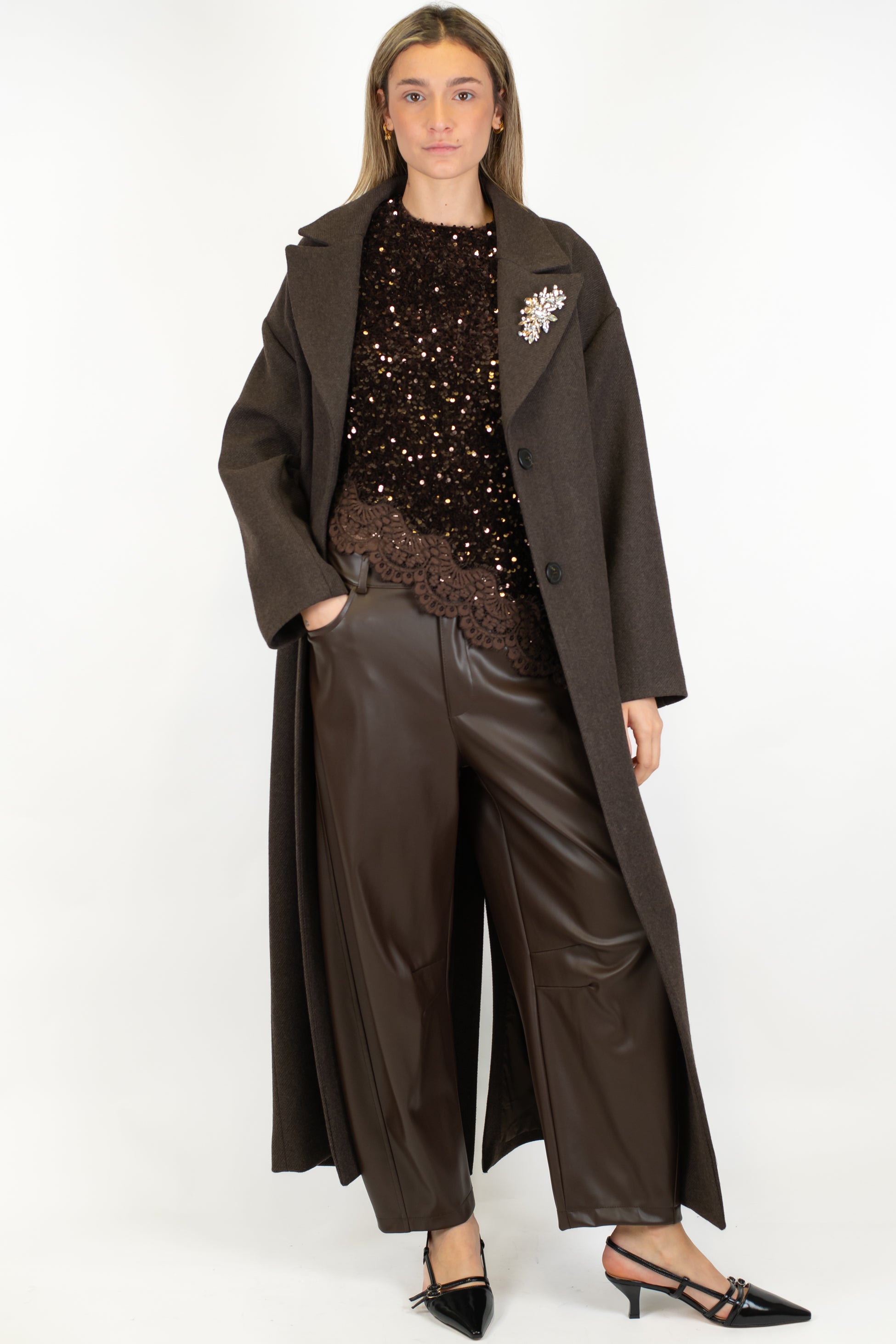 Maryley - Cappotto lungo fantasia diagonale con spilla gioiello e cintura in tessuto