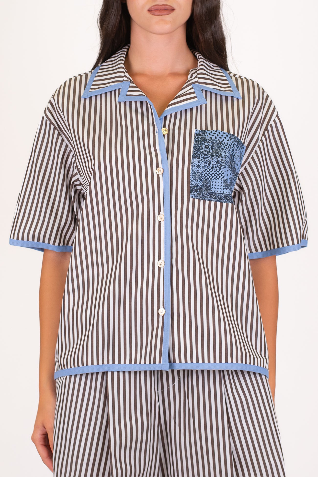 Motel - Camicia mezzamanica a righe con profilo e taschino a contrasto