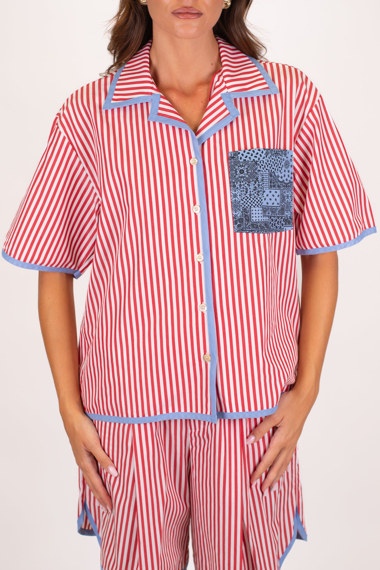 Motel - Camicia mezzamanica a righe con profilo e taschino a contrasto
