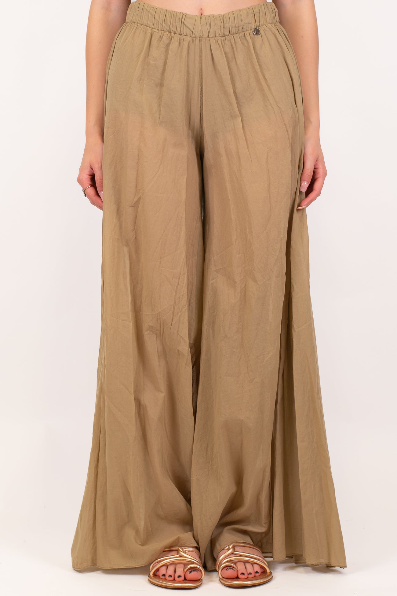 Dixie - Pantalone palazzo in mussola di cotone con coulotte ed elastico in vita