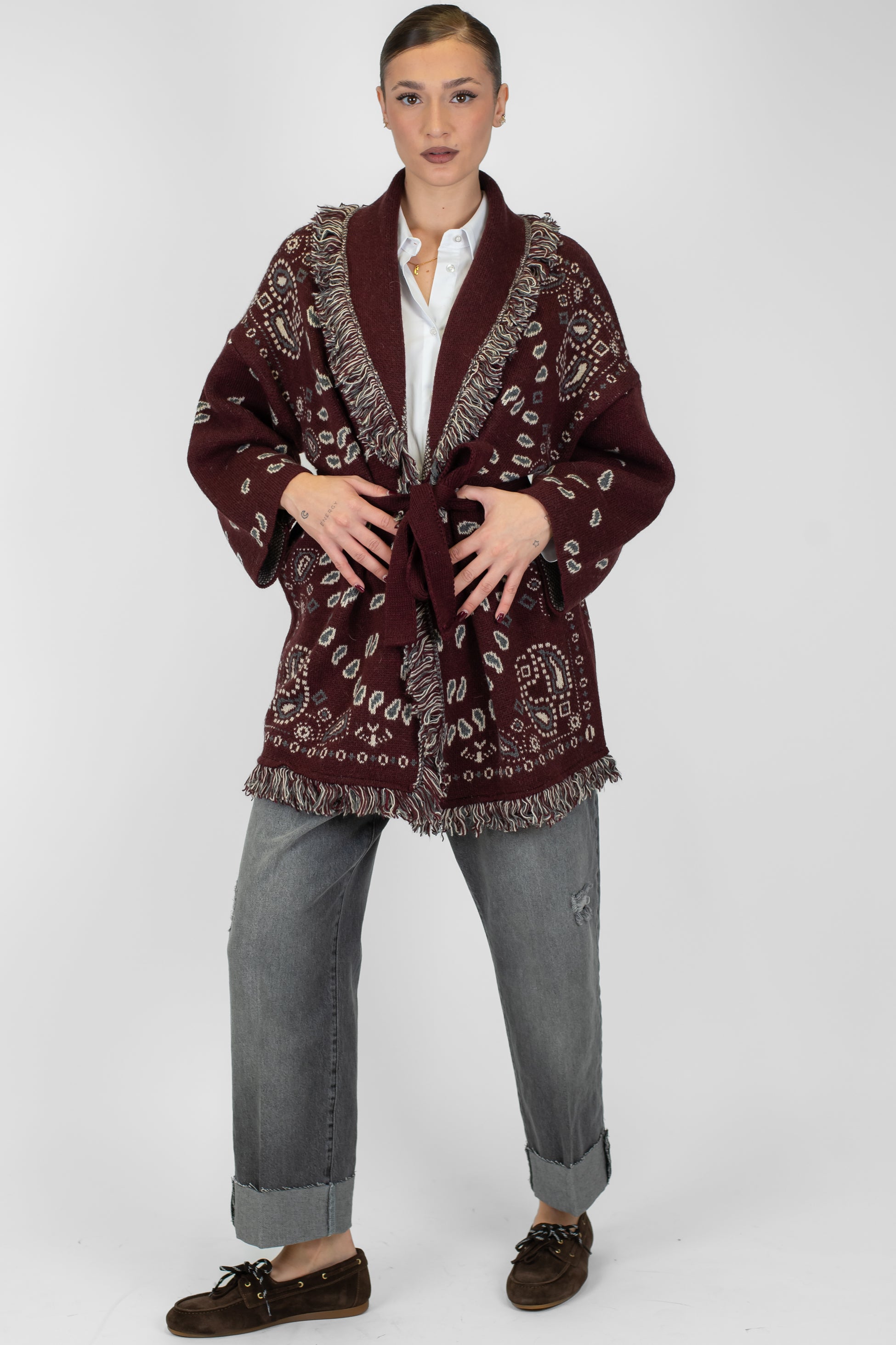 Tensione in - Cardigan in misto lana fantasia bandana con frange