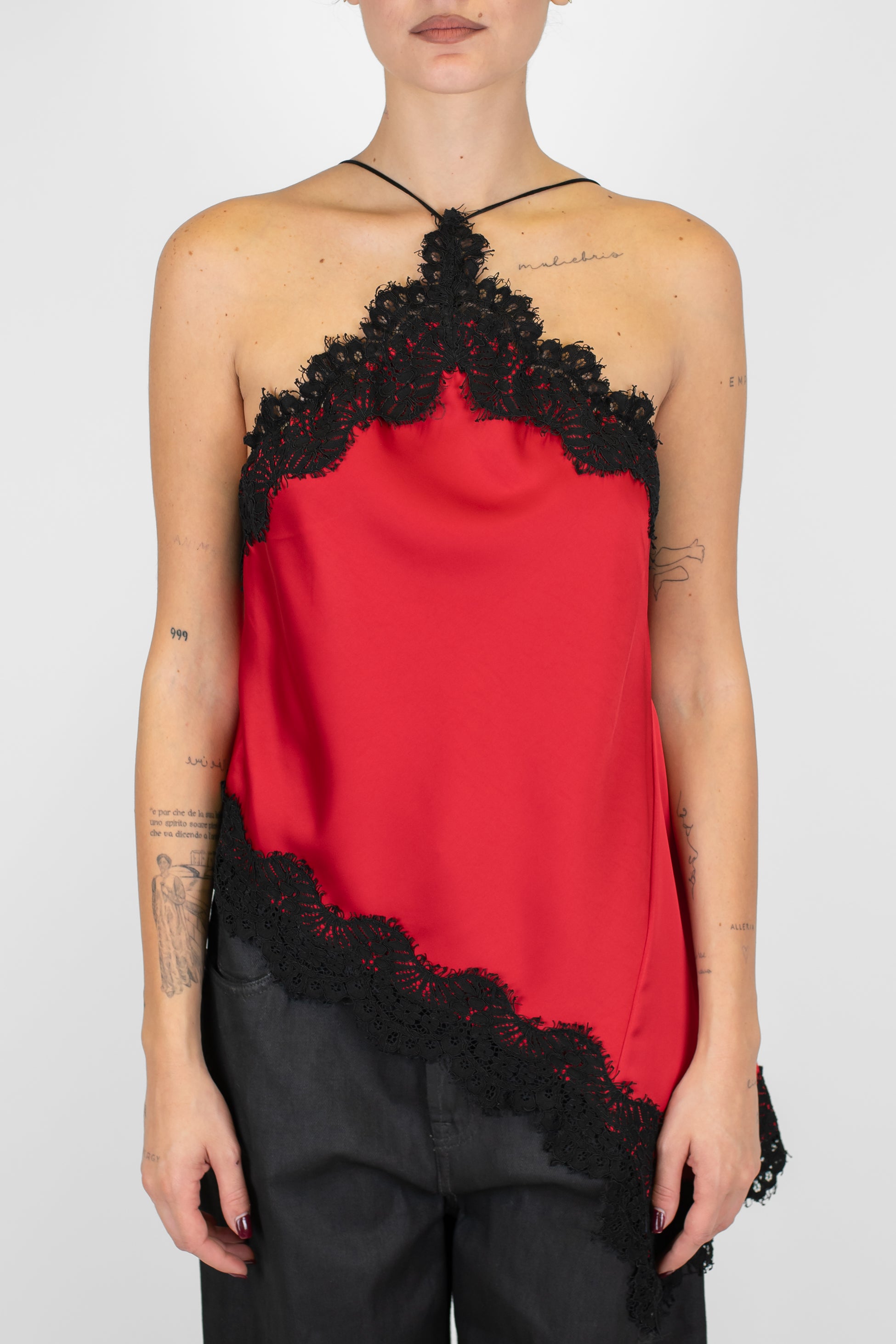 Motel - Top asimmetrico in satin con orli in pizzo a contrasto