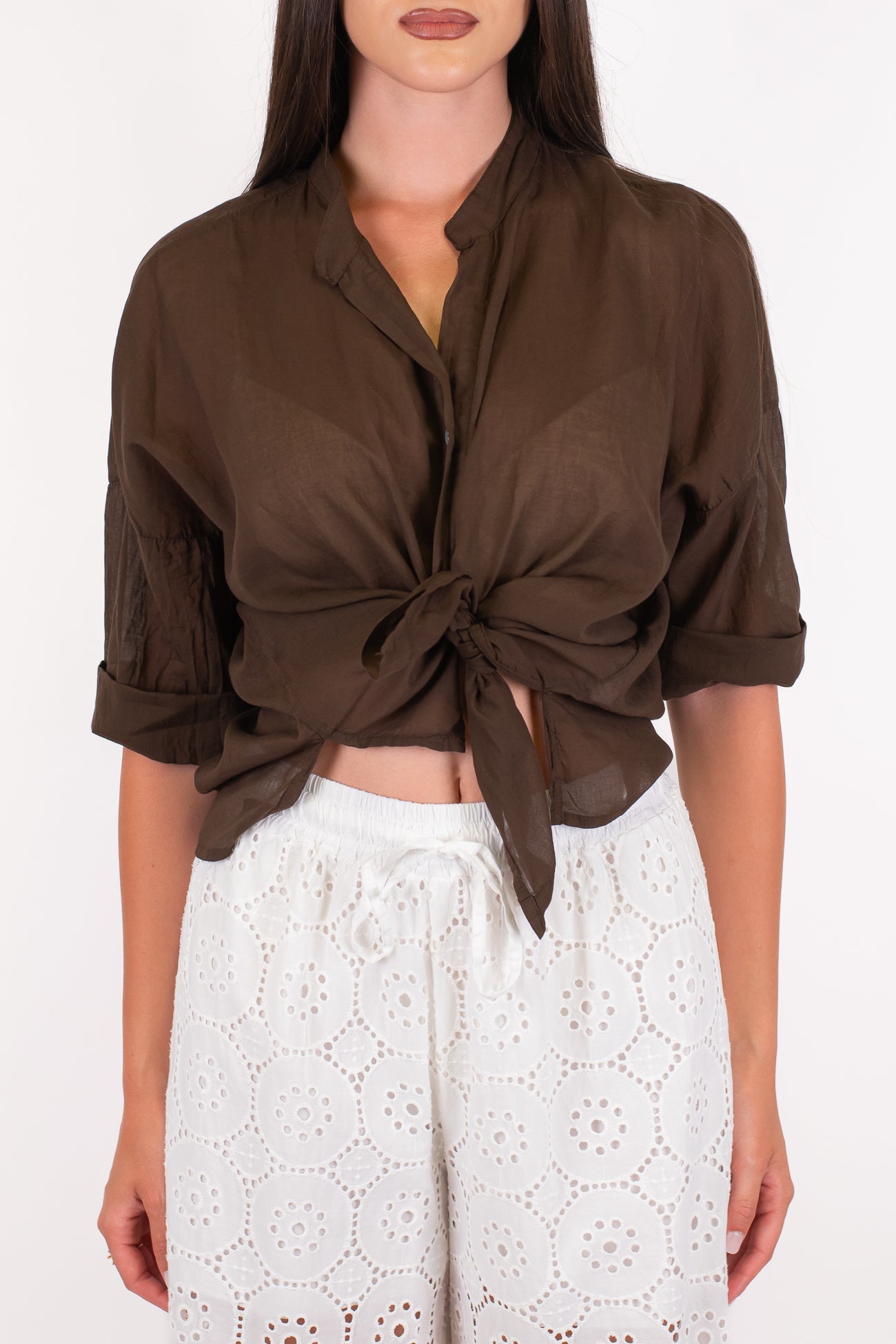 Haveone - Camicia mezzamanica in mussola di cotone con collo coreano