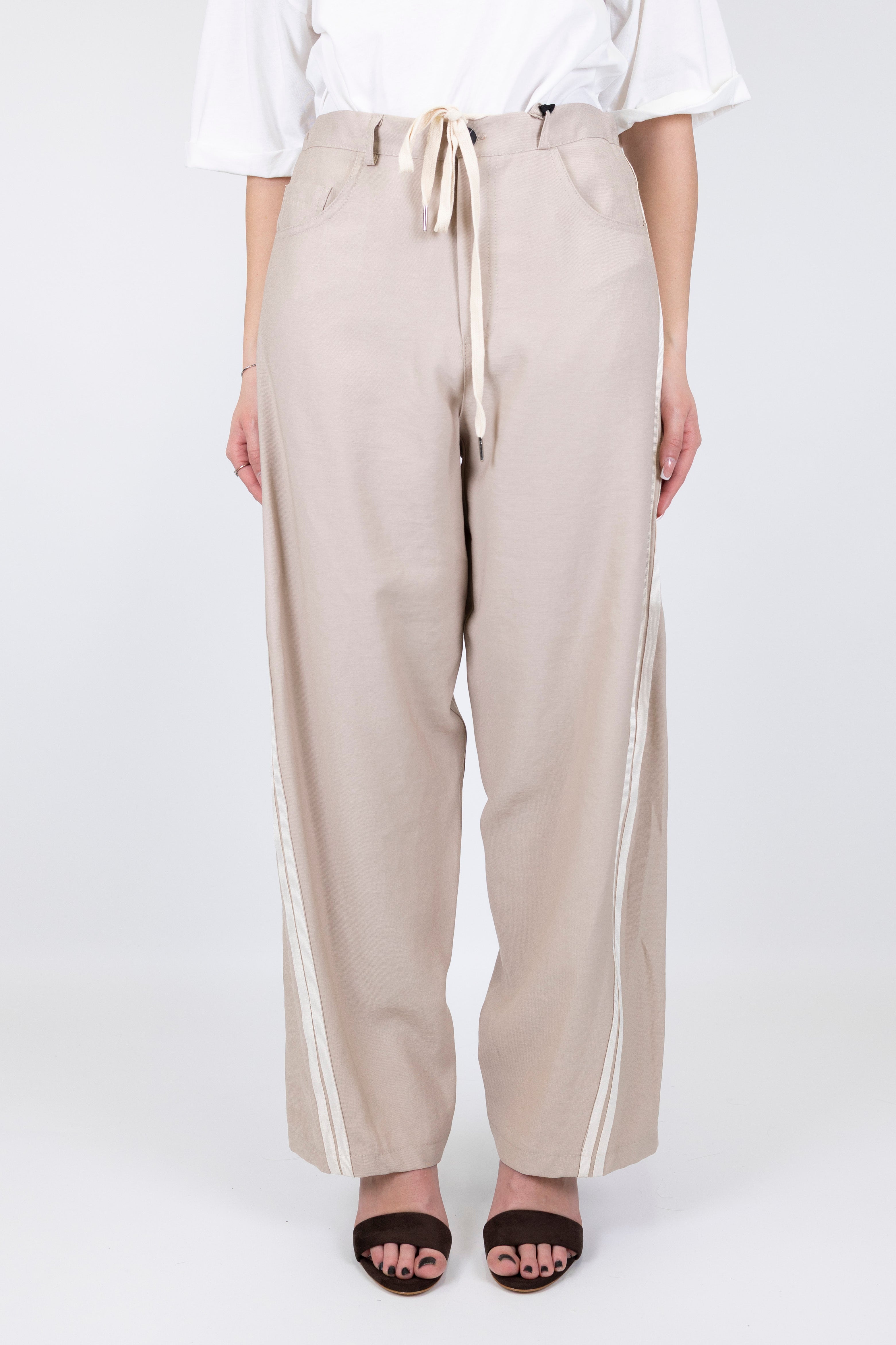 Maryley - Pantalone palazzo in viscosa leggera con coulisse e bande laterali a contrasto
