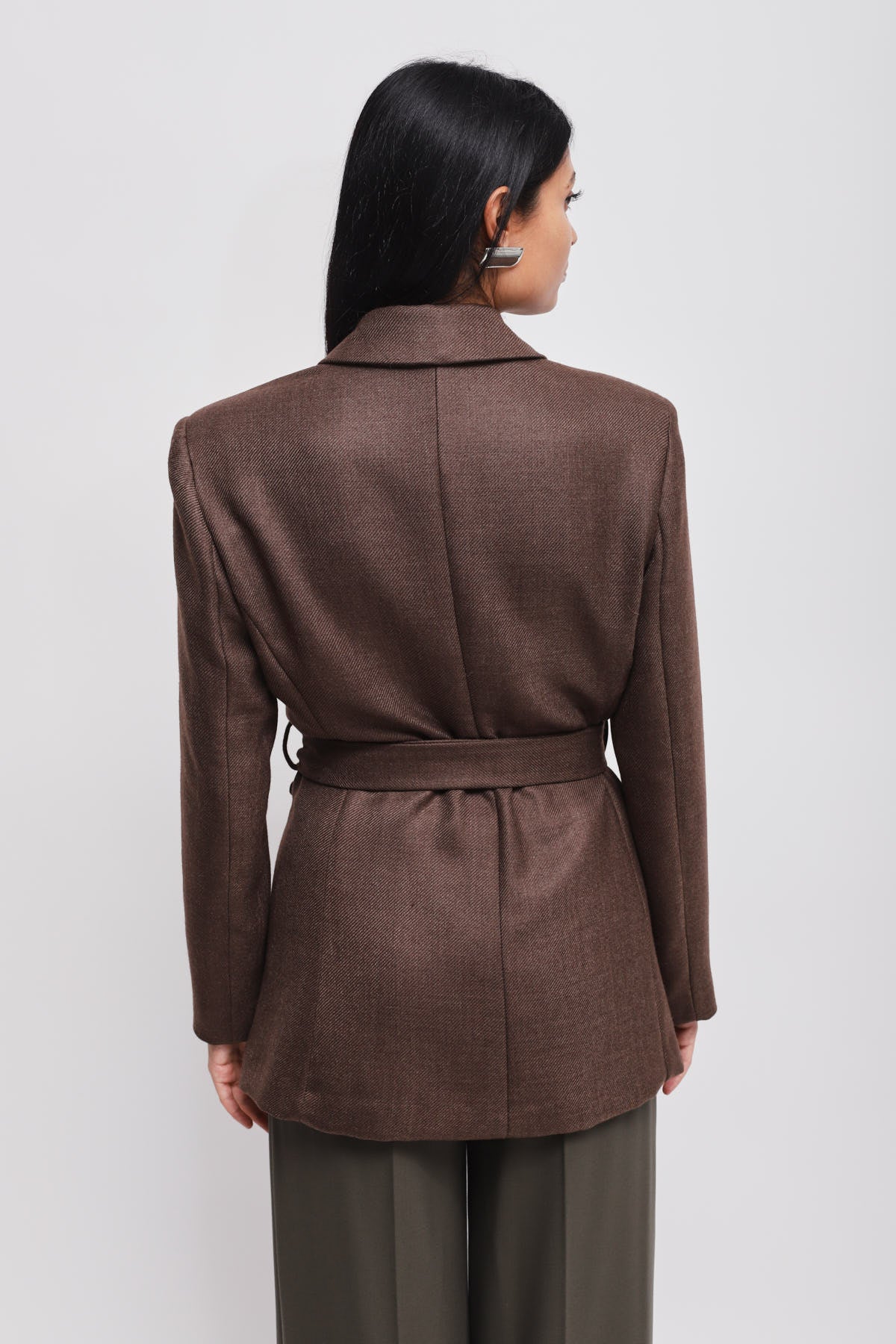 Maryley - Giacca doppiopetto tessuto diagonale in misto lana con spialline e cintura