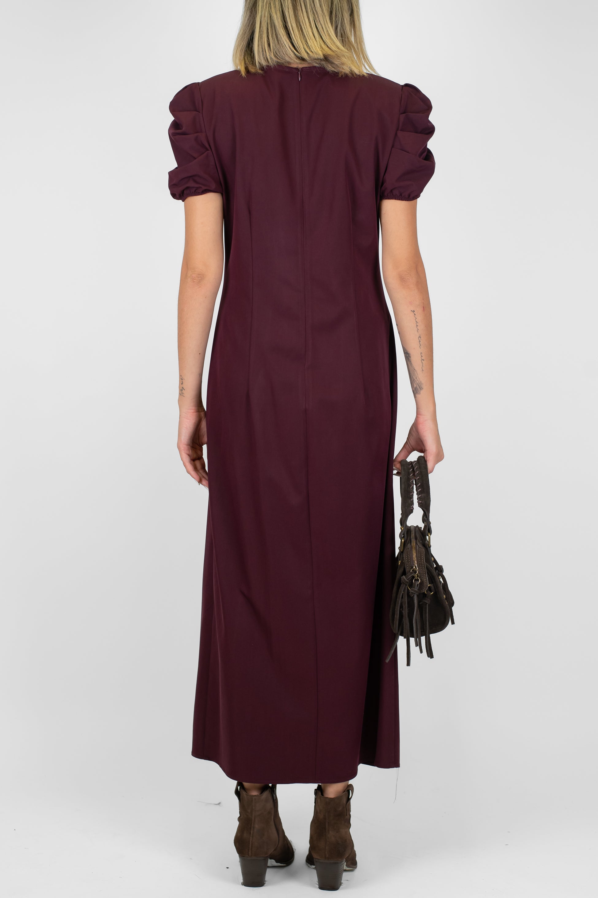 Maryley - Abito lungo in viscosa con drappeggio e manica a sbuffo