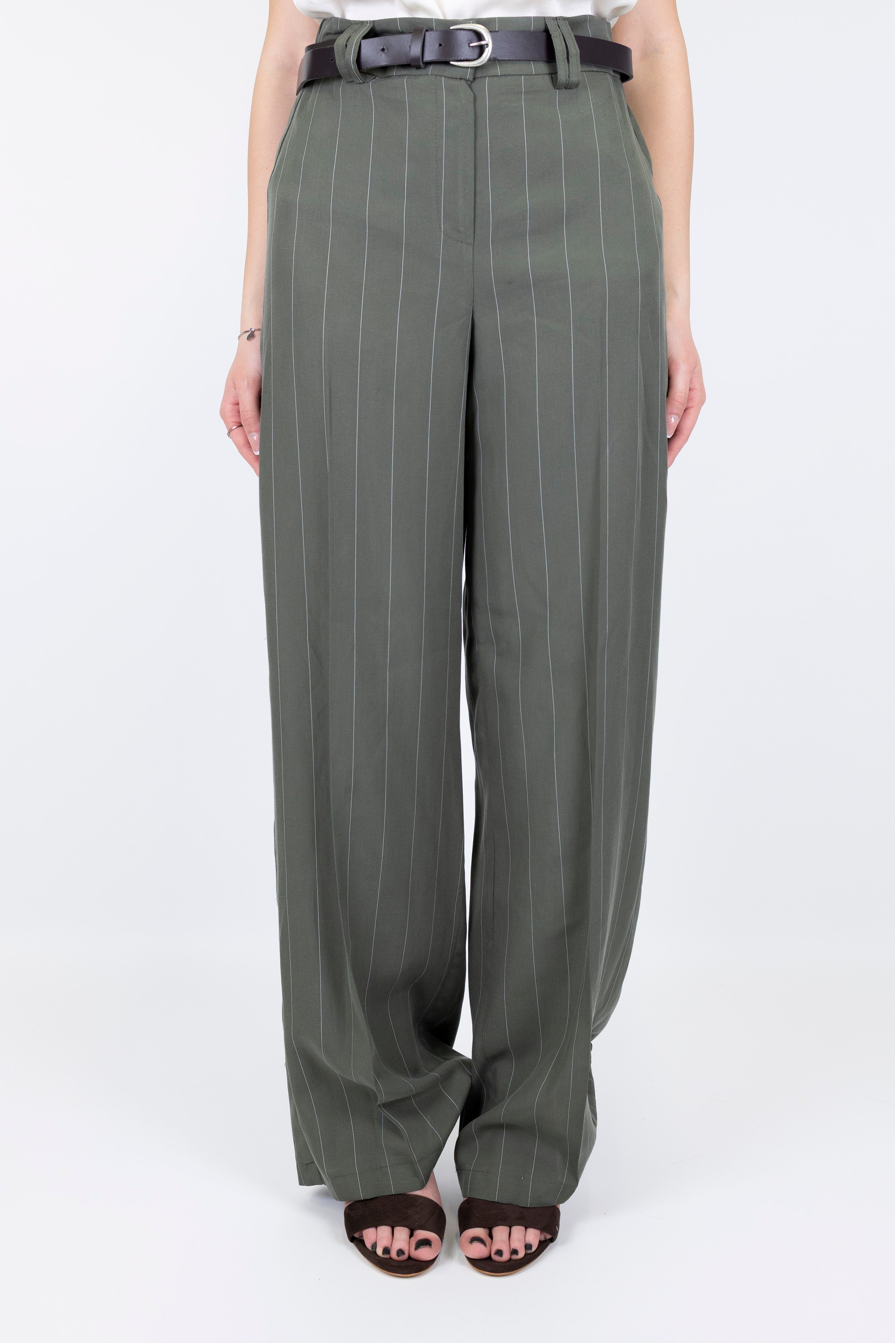 Haveone - Pantalone palazzo gessato in lyocell con elastico sul retro