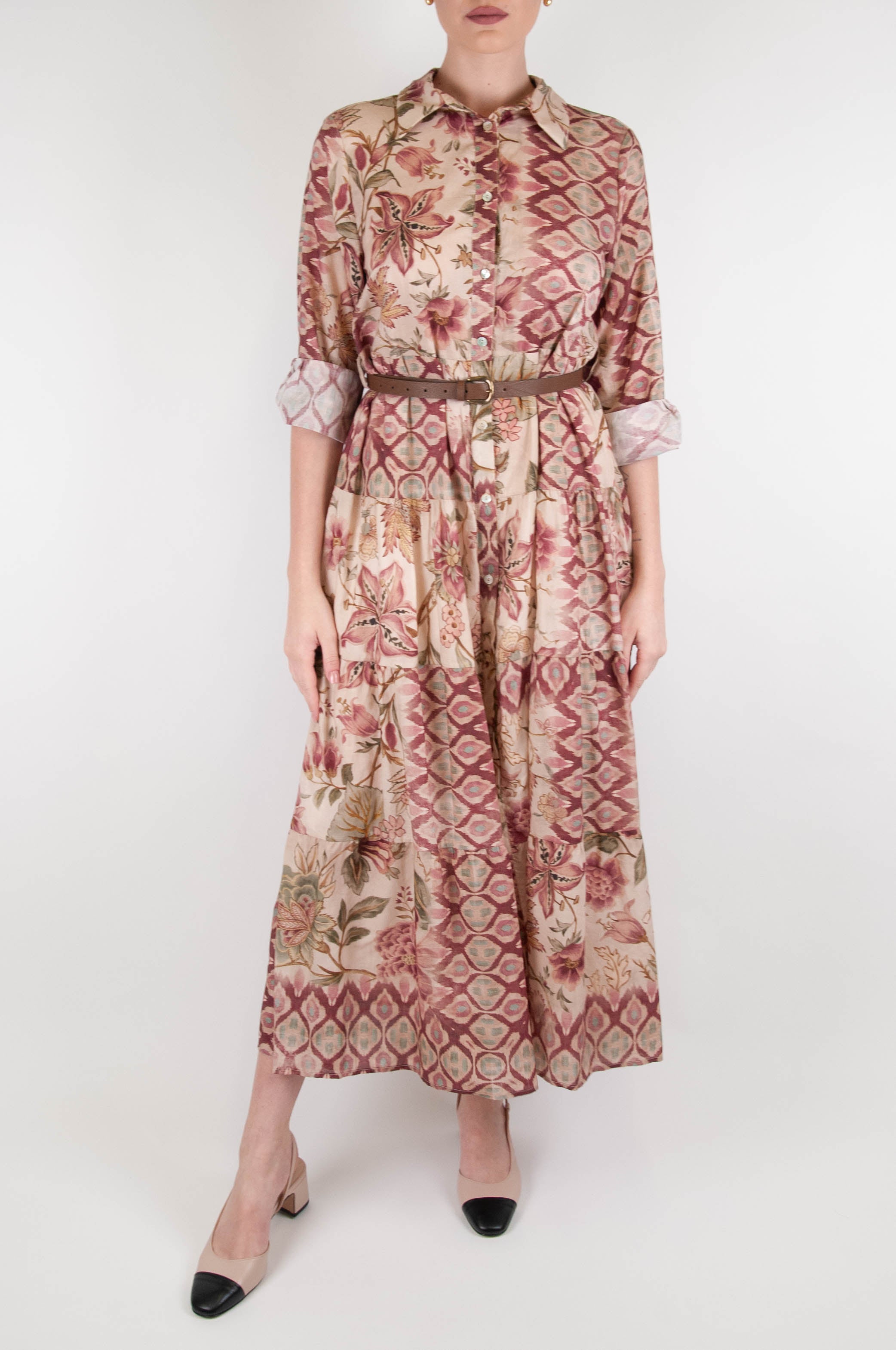 Tension in - Abstract floral patterned shirtdress in cotton muslin with flounces