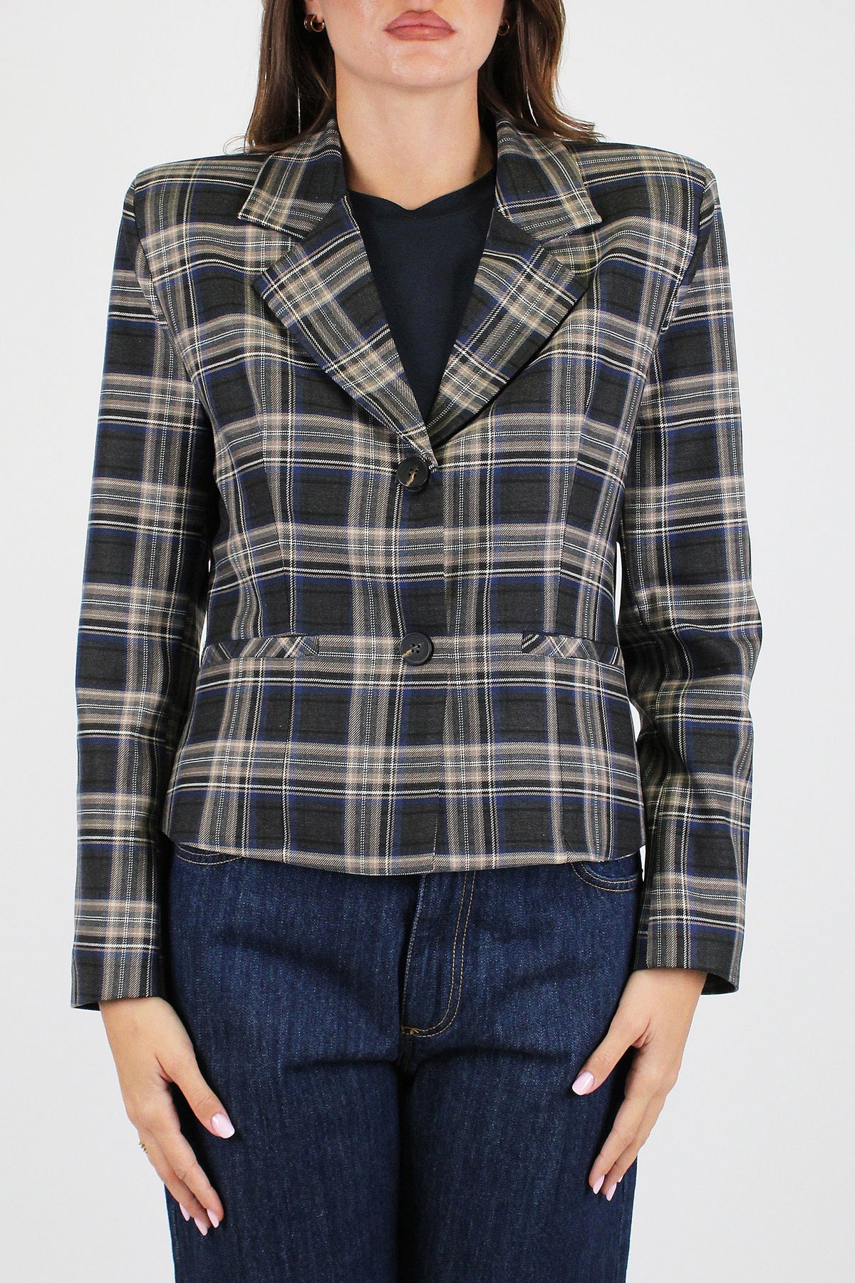 Tensione in - Giacca crop fantasia check leggermente sfiancata con spalline