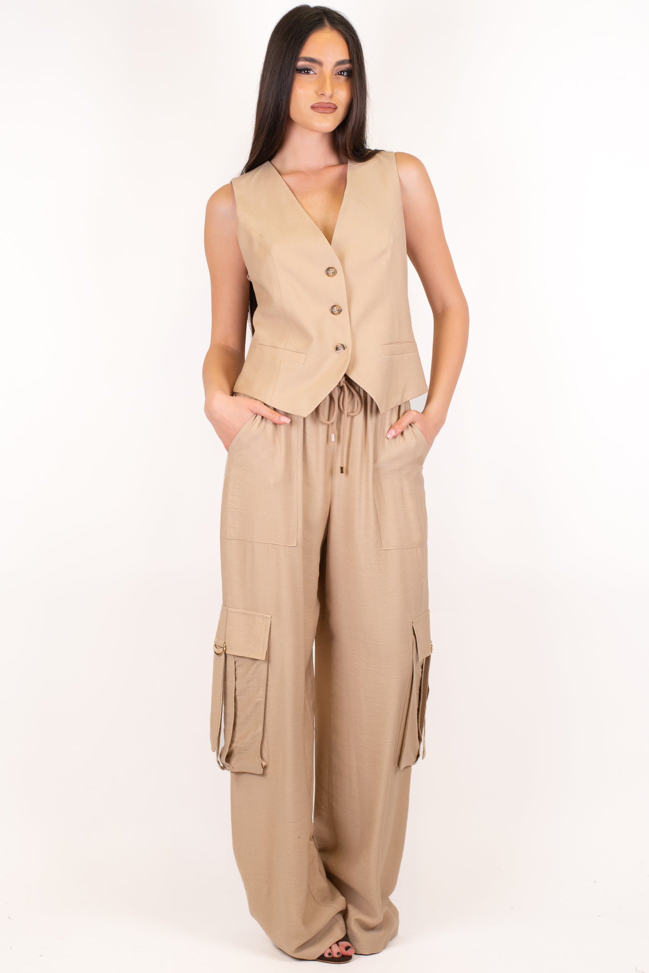 Dixie - Coodinato in viscosa leggera con gilet e pantalone cargo palazzo con coulisse