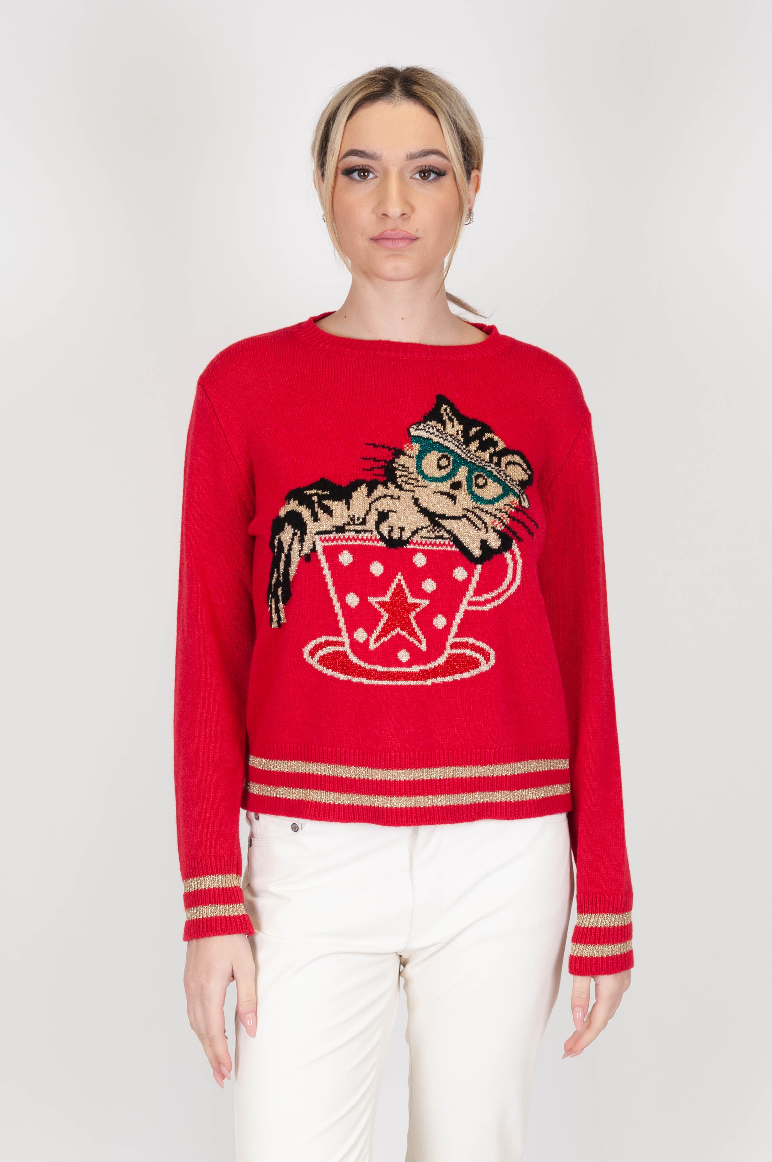 Motel - Crewneck sweater with lurex cat in cashmere blend