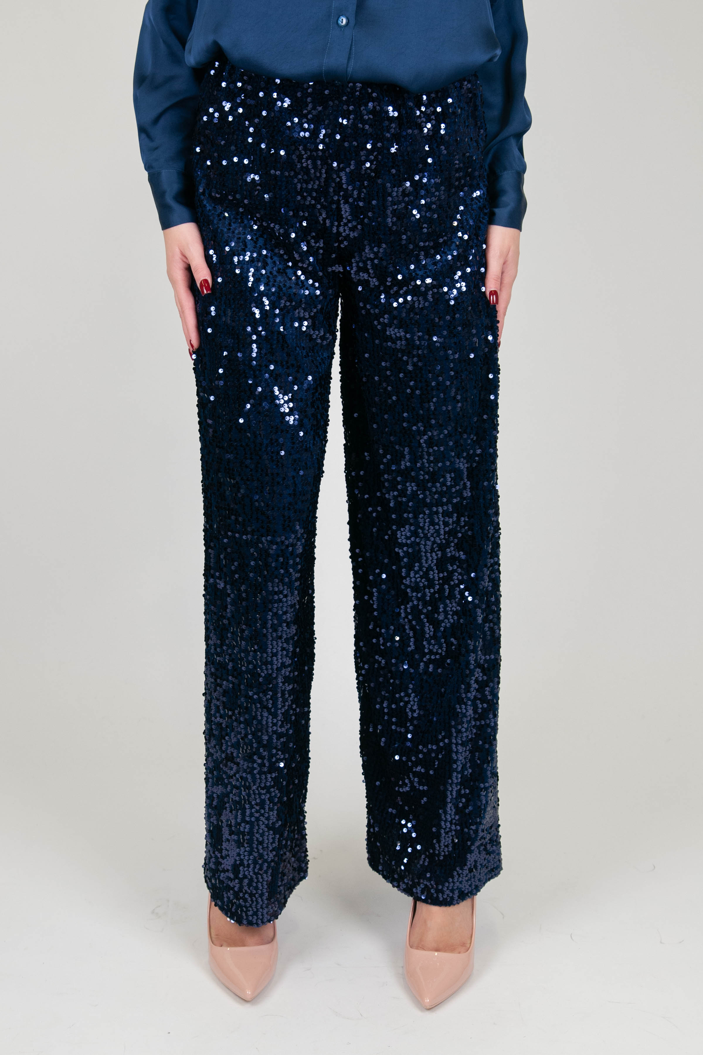 Tensione in - Pantalone palazzo in velluto e paillettes