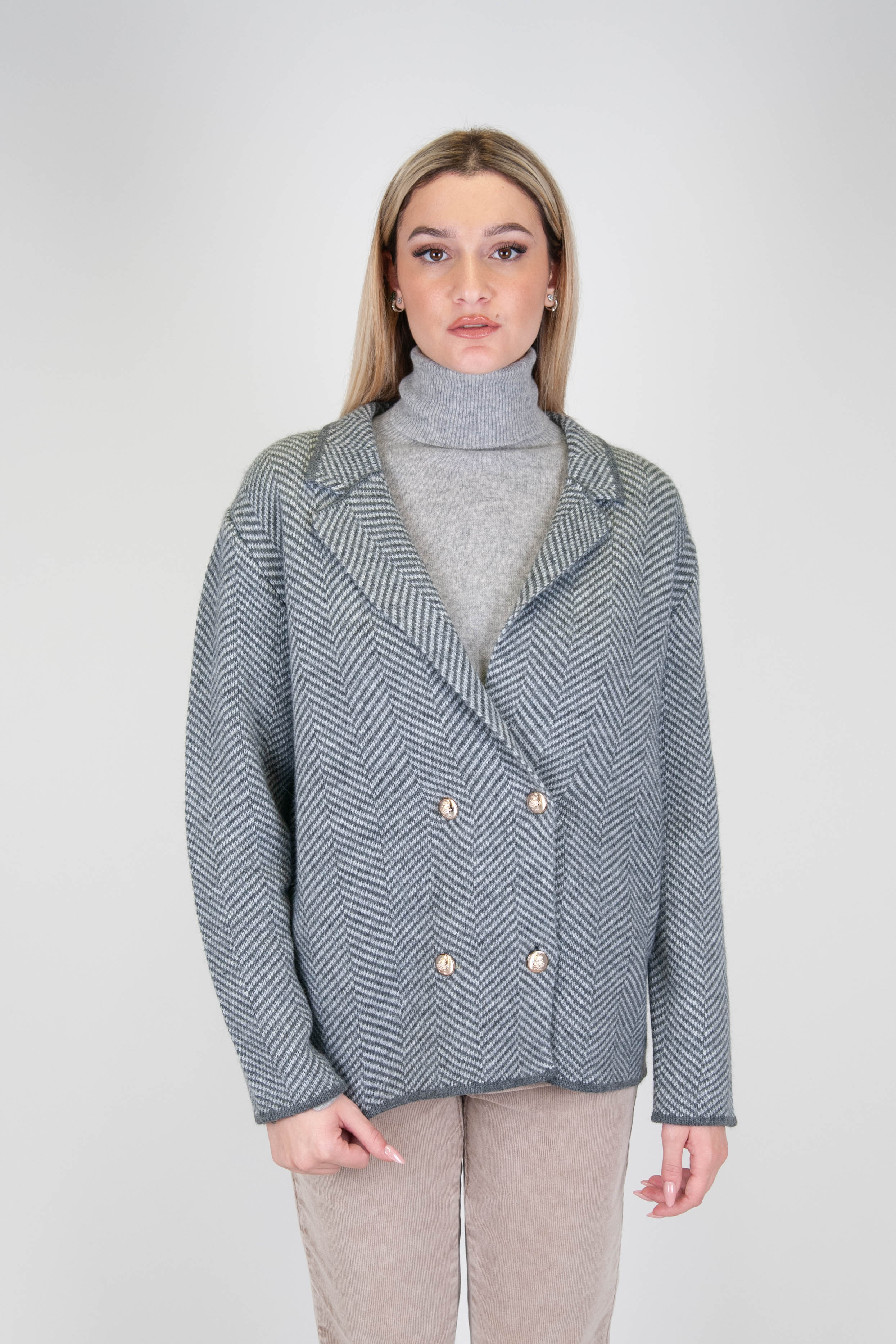 Tension in - Double-breasted wool blend jacket with golden herringbone pattern buttons