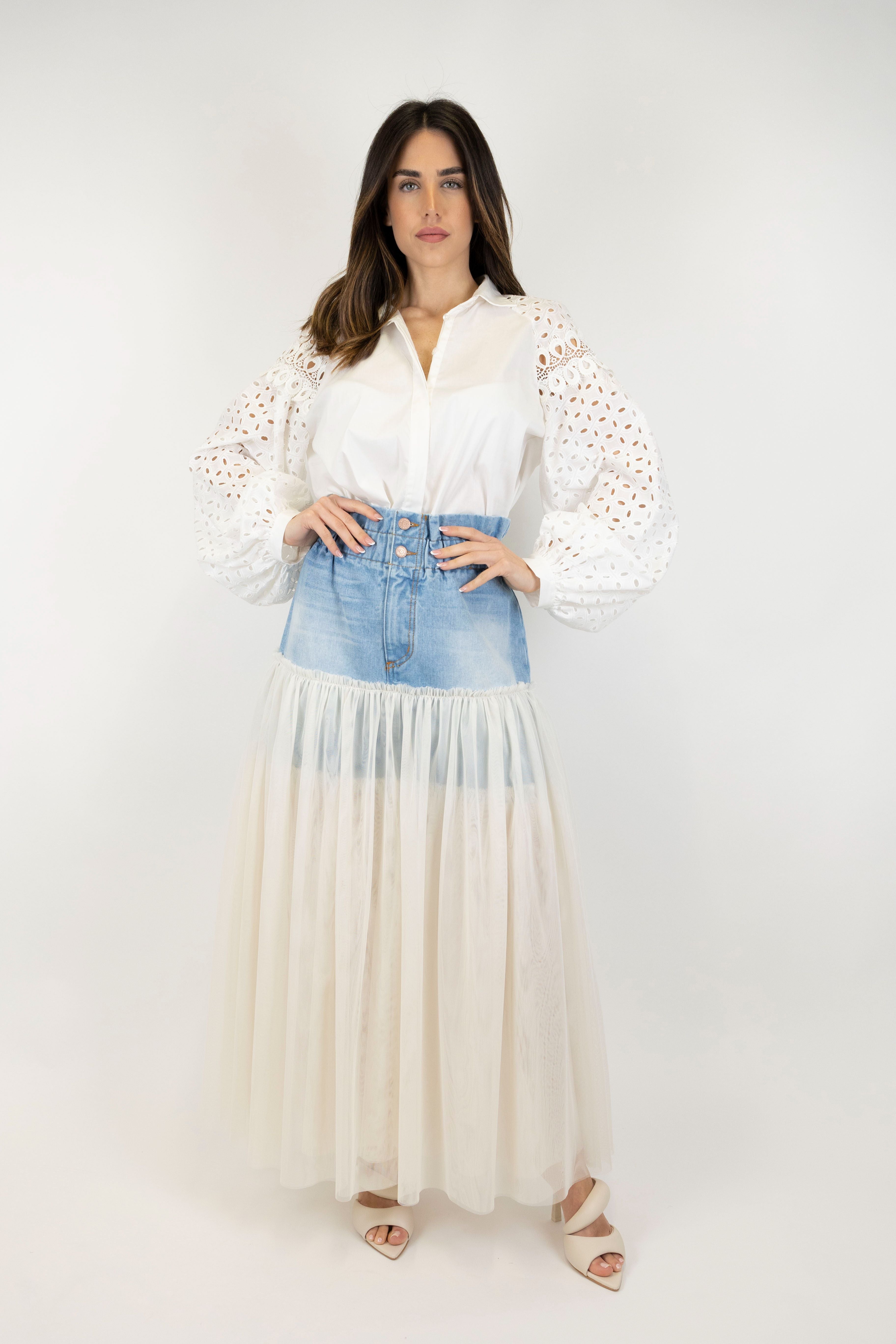 Tension in - High-waisted skirt in denim and tulle