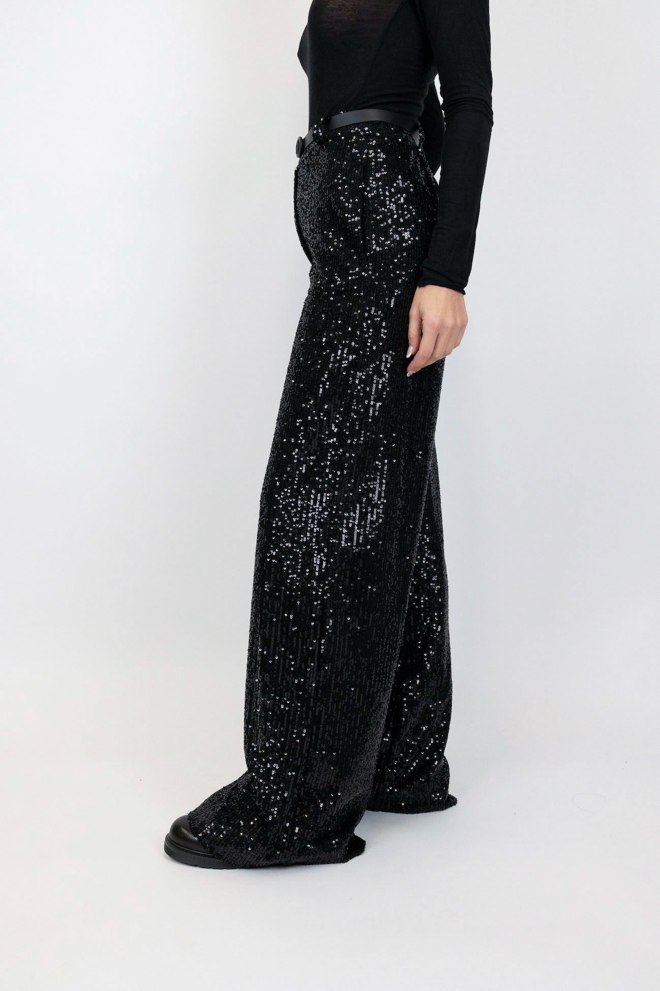 Tension in - Sequined palazzo trousers with leather belt