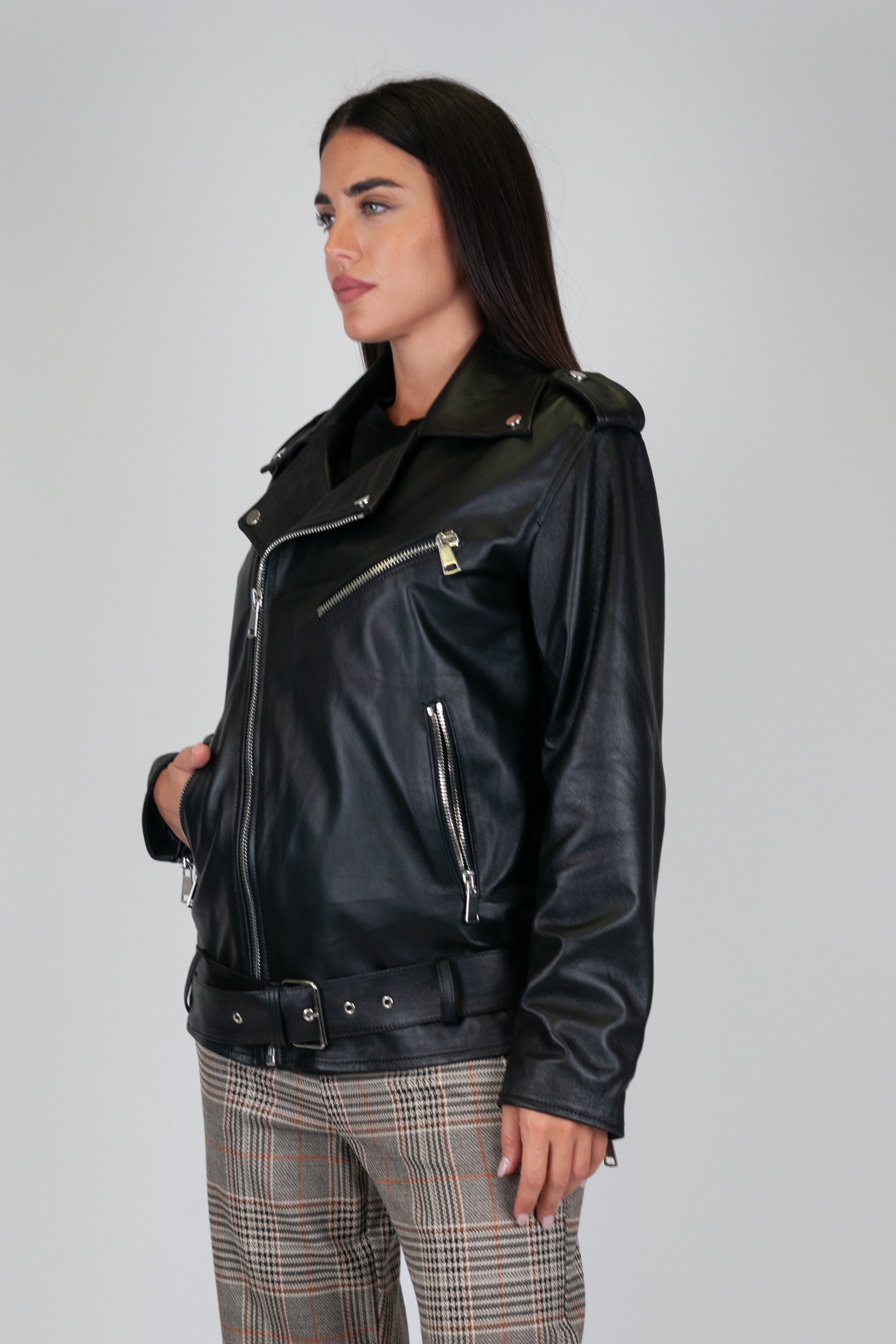 Motel - 100% real leather biker jacket with belt at the bottom