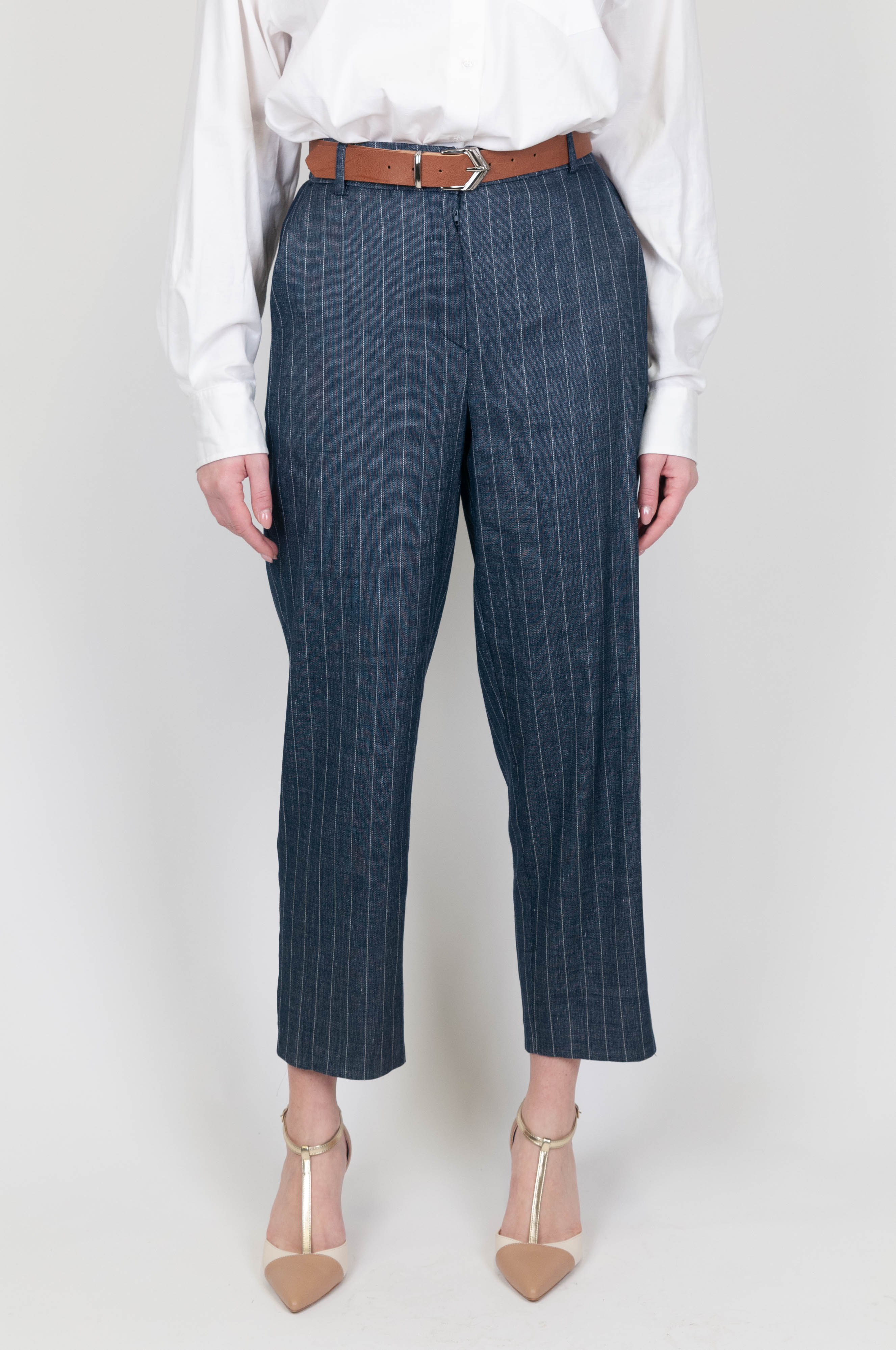 Motel - Regular pinstripe denim effect trousers with elastic on the back