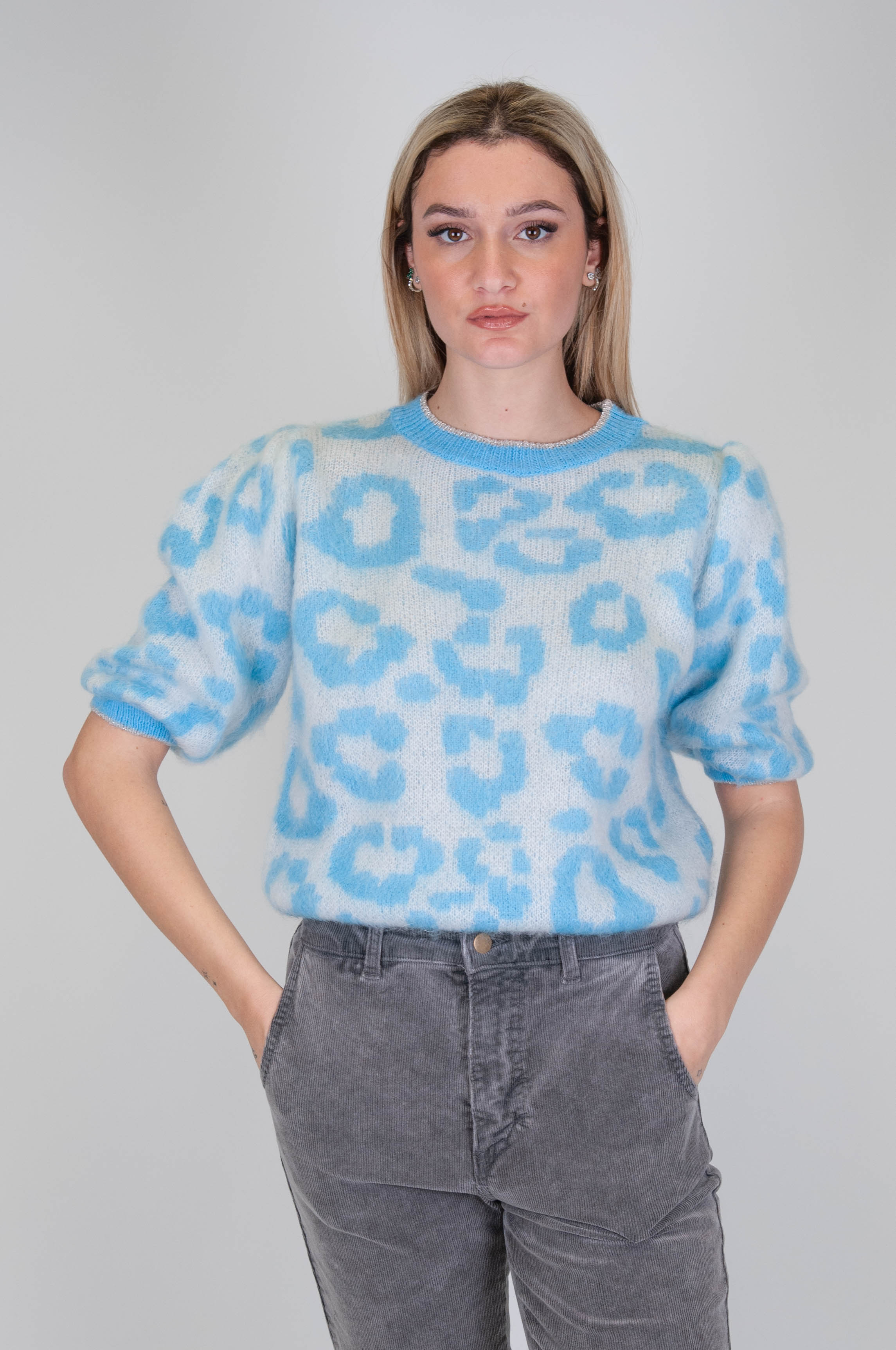 Tension in - Animal print round neck sweater with lurex profiles in wool blend