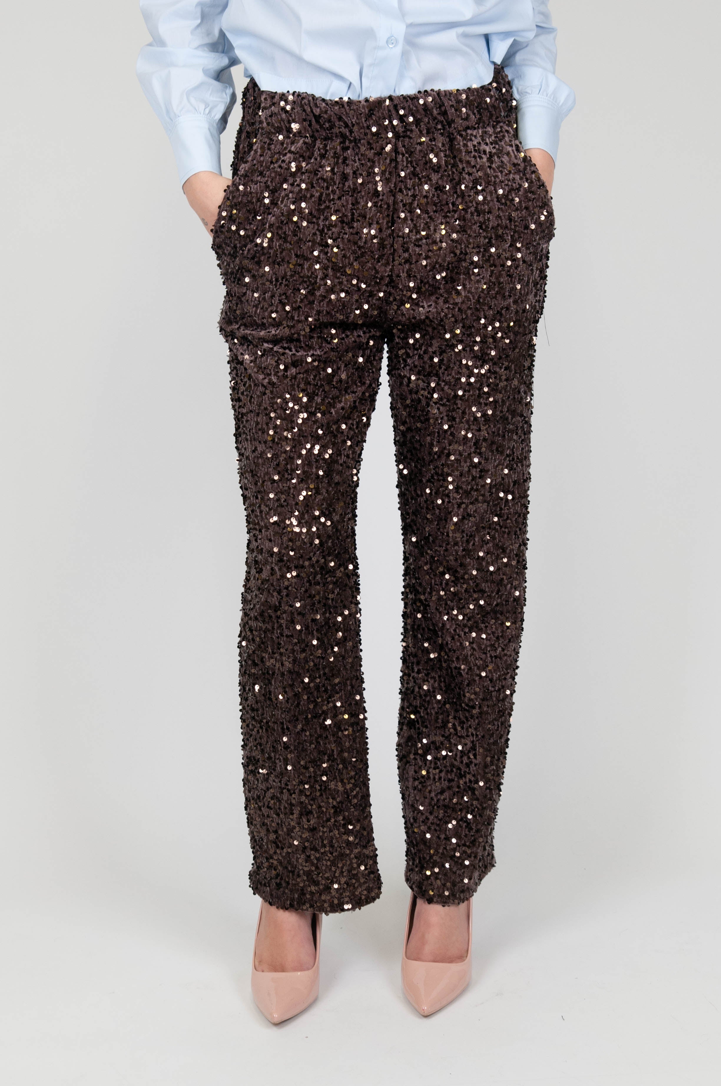 Tensione in - Pantalone in velluto con paillettes e tasche laterali