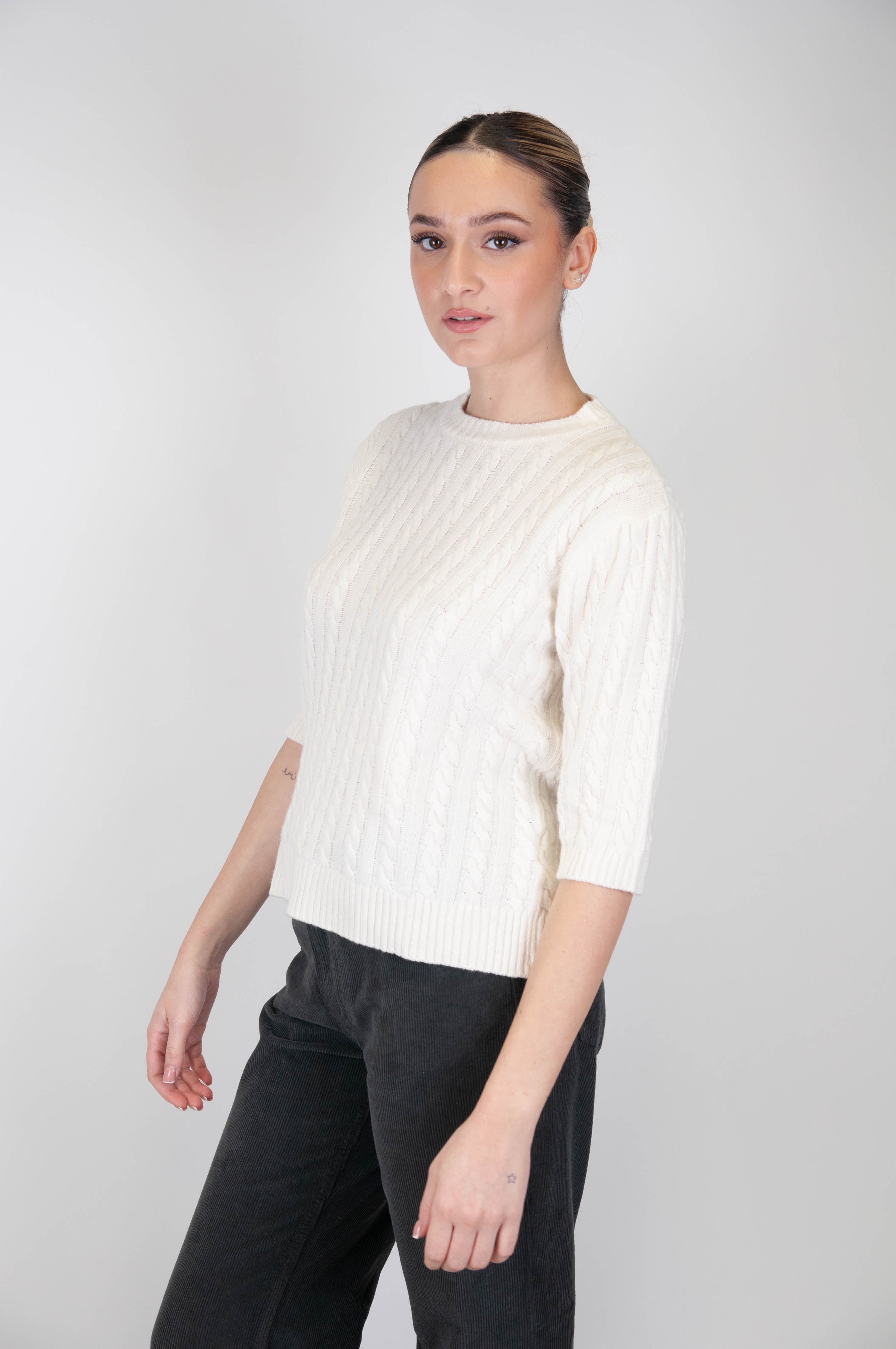 Tension in - Crew-neck sweater with 3/4 sleeve cashmere blend cables