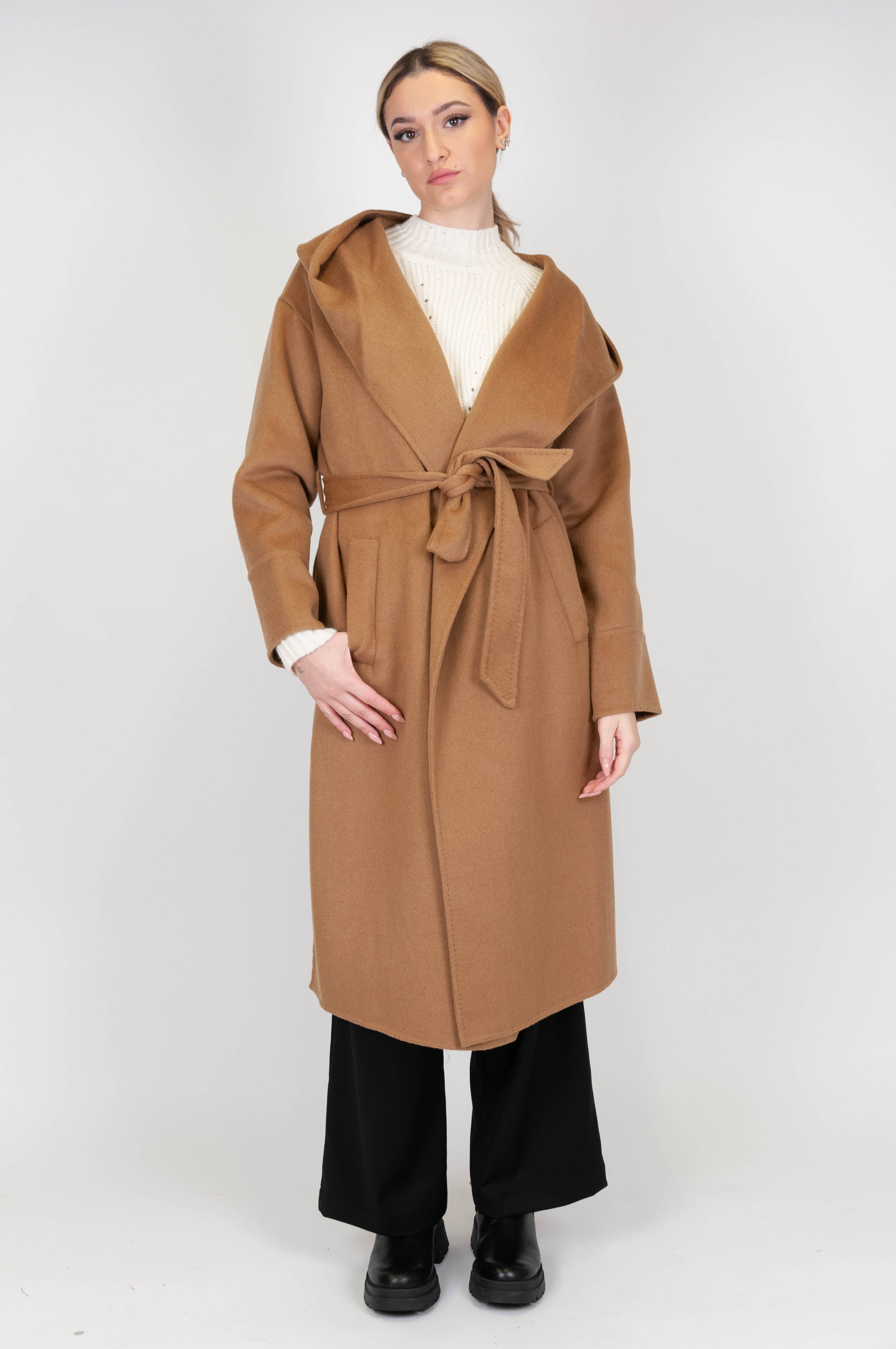 Haveone - Cappotto in misto lana con cappuccio e cintura