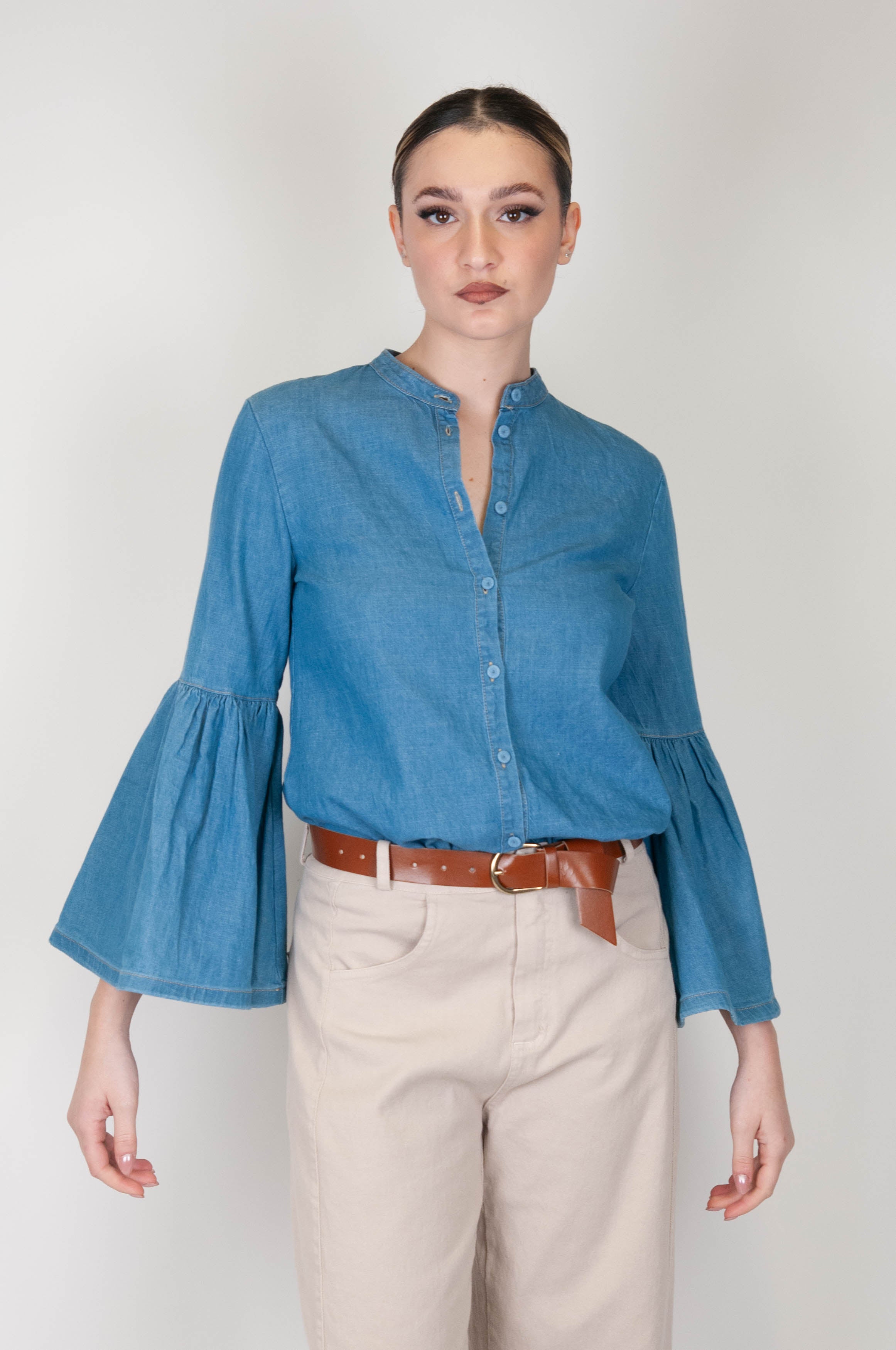 Tension in - Chambray shirt with ruffles sleeves