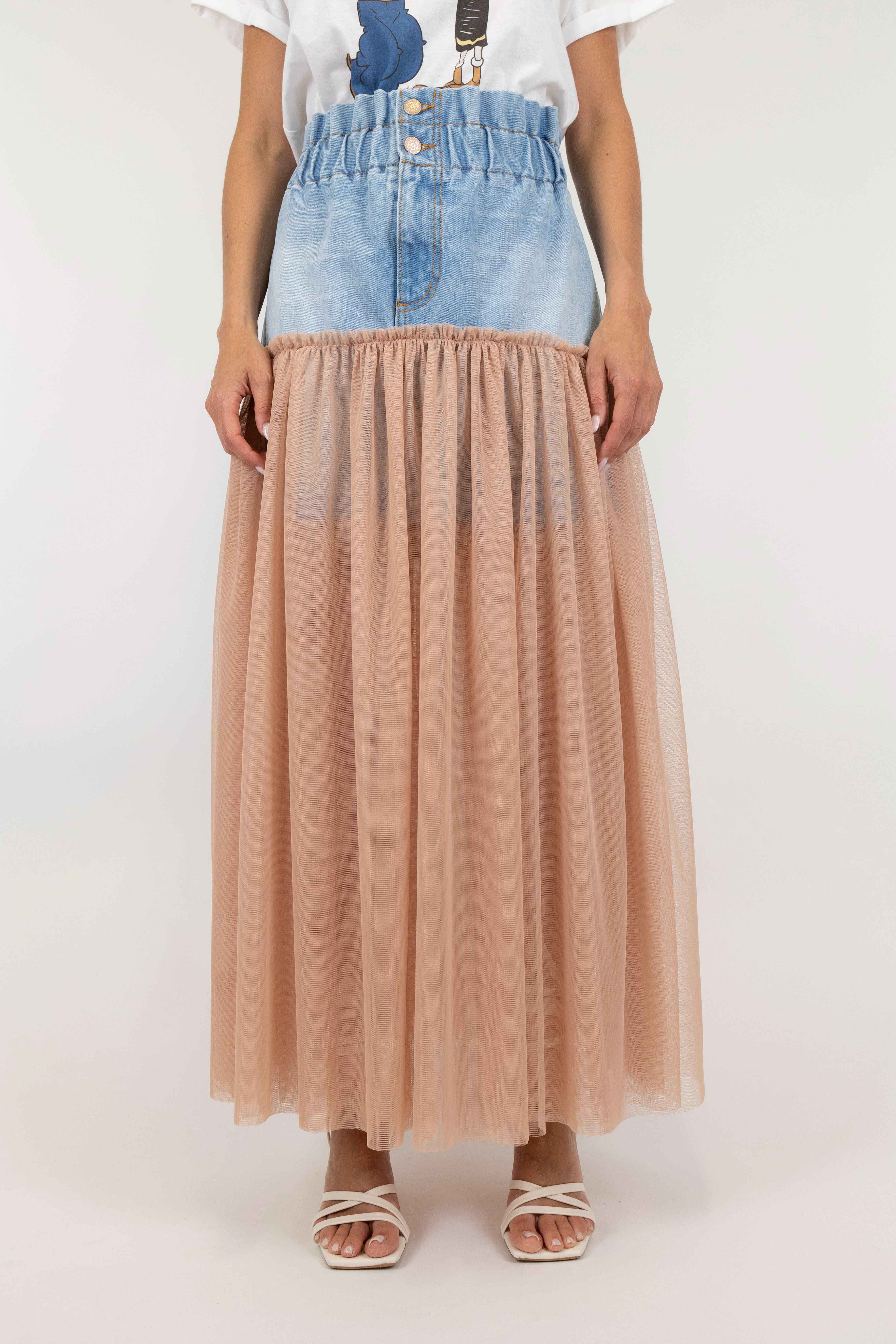 Tension in - High-waisted skirt in denim and tulle