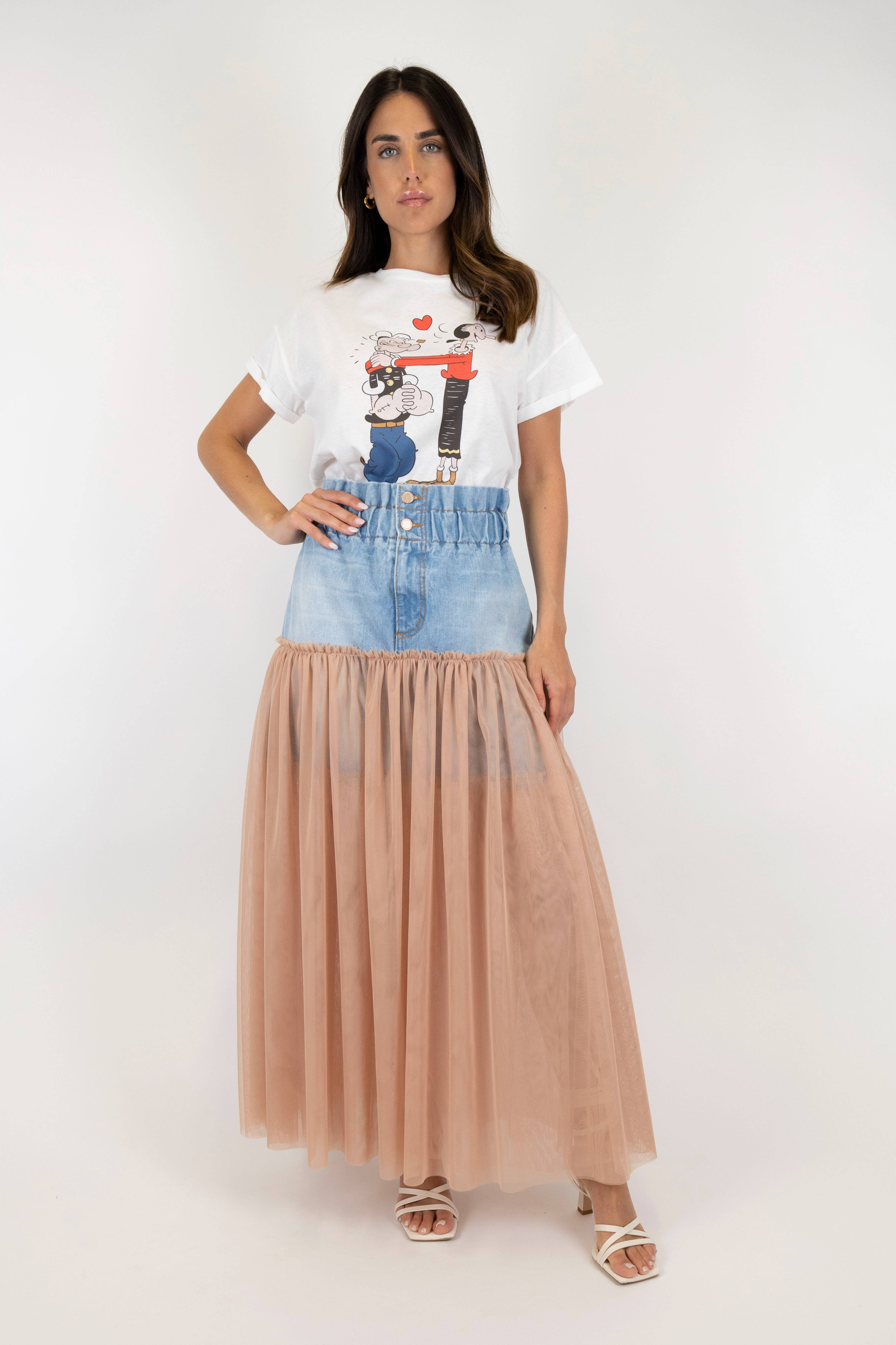 Tensione in - Gonna a vita alta in denim e tulle