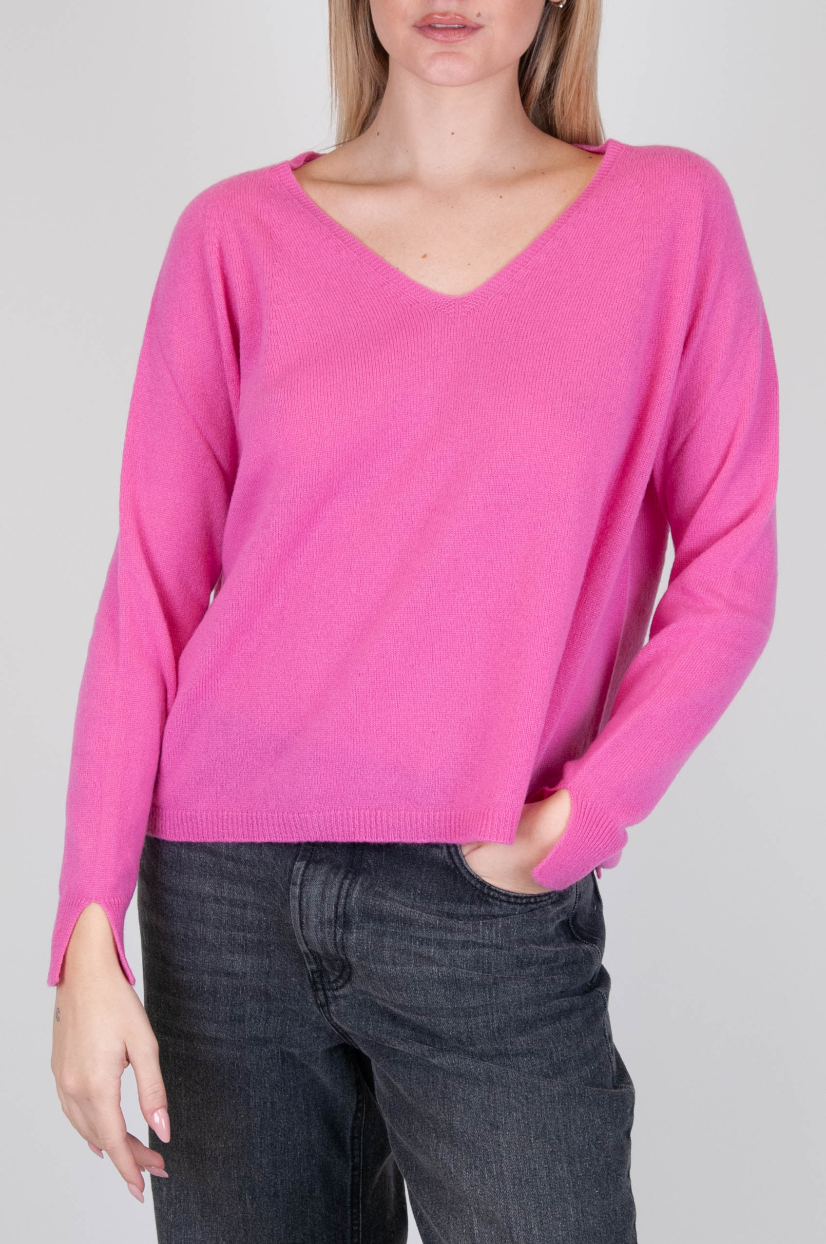 Motel - Maglia con scollo a V 100% in puro cashmere con spacchetti sui polsi