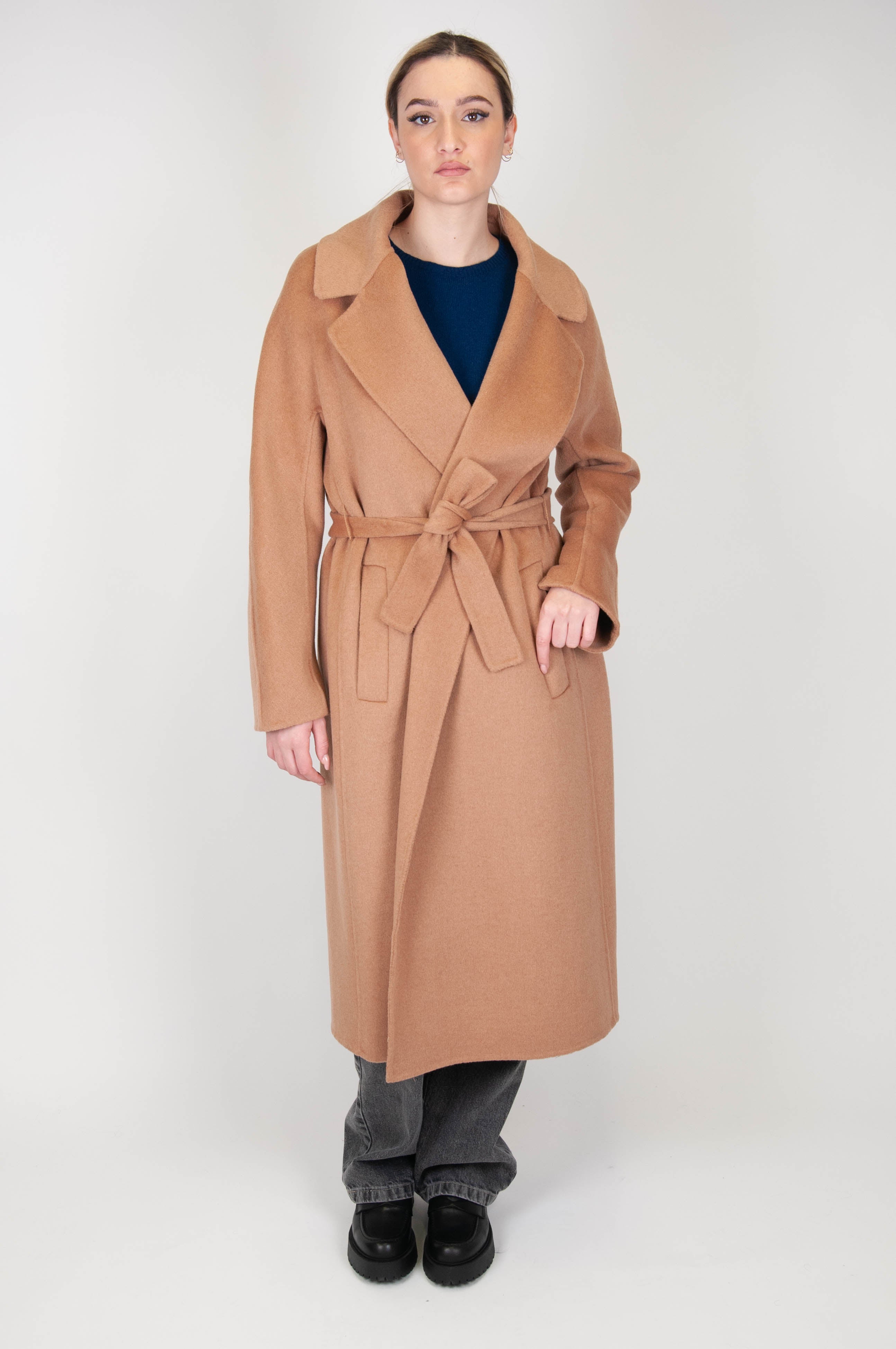Dixie - Cappotto lungo con cintura in vita e tasche oblique in misto lana