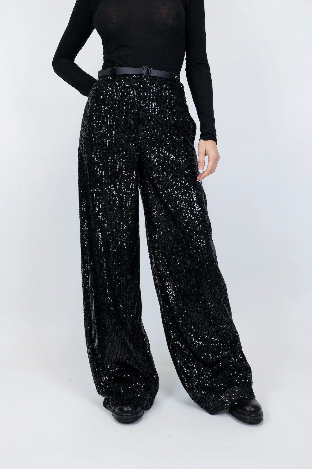 Tension in - Sequined palazzo trousers with leather belt