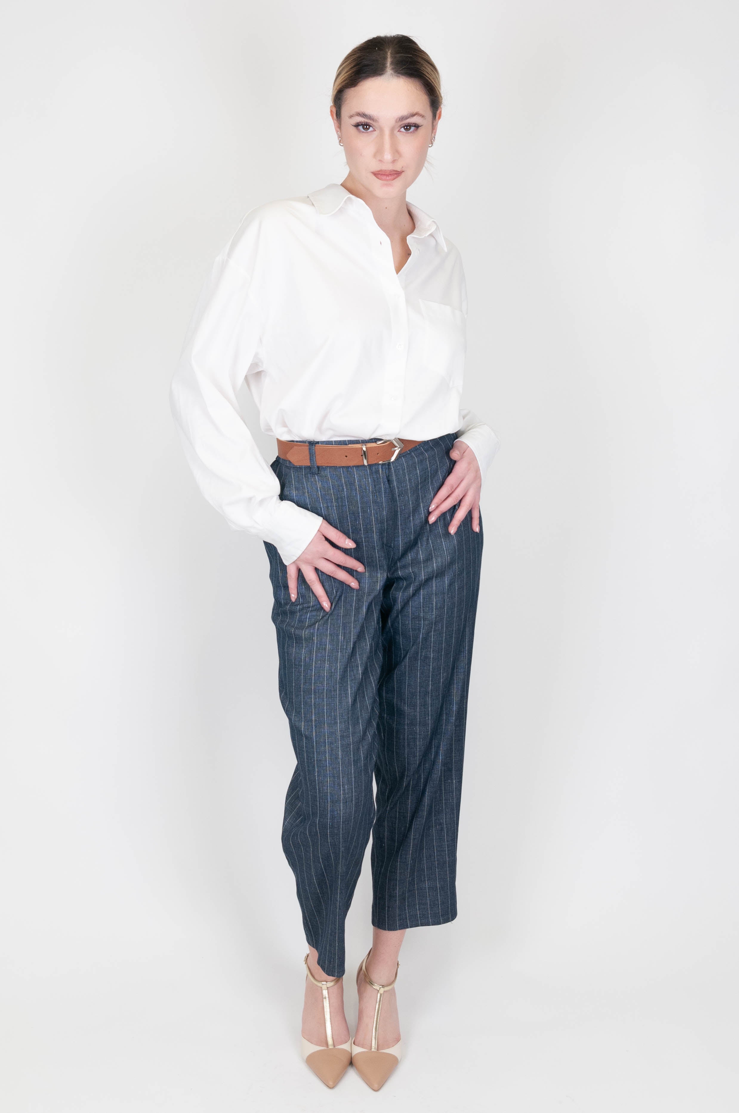 Motel - Regular pinstripe denim effect trousers with elastic on the back
